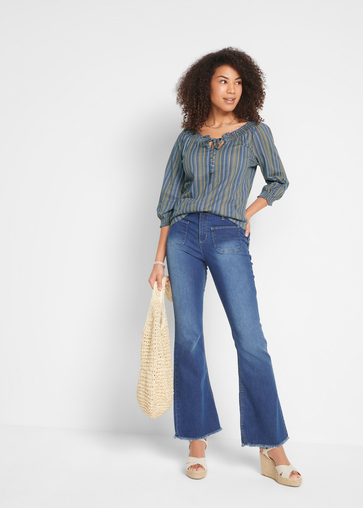 bonprix Tunikashirt »Shirt-Tunika 3/4-Arm, gestreift« 2 Stk. mit Streifen Muster und Rundhalsauschnitt mit Schleifenband