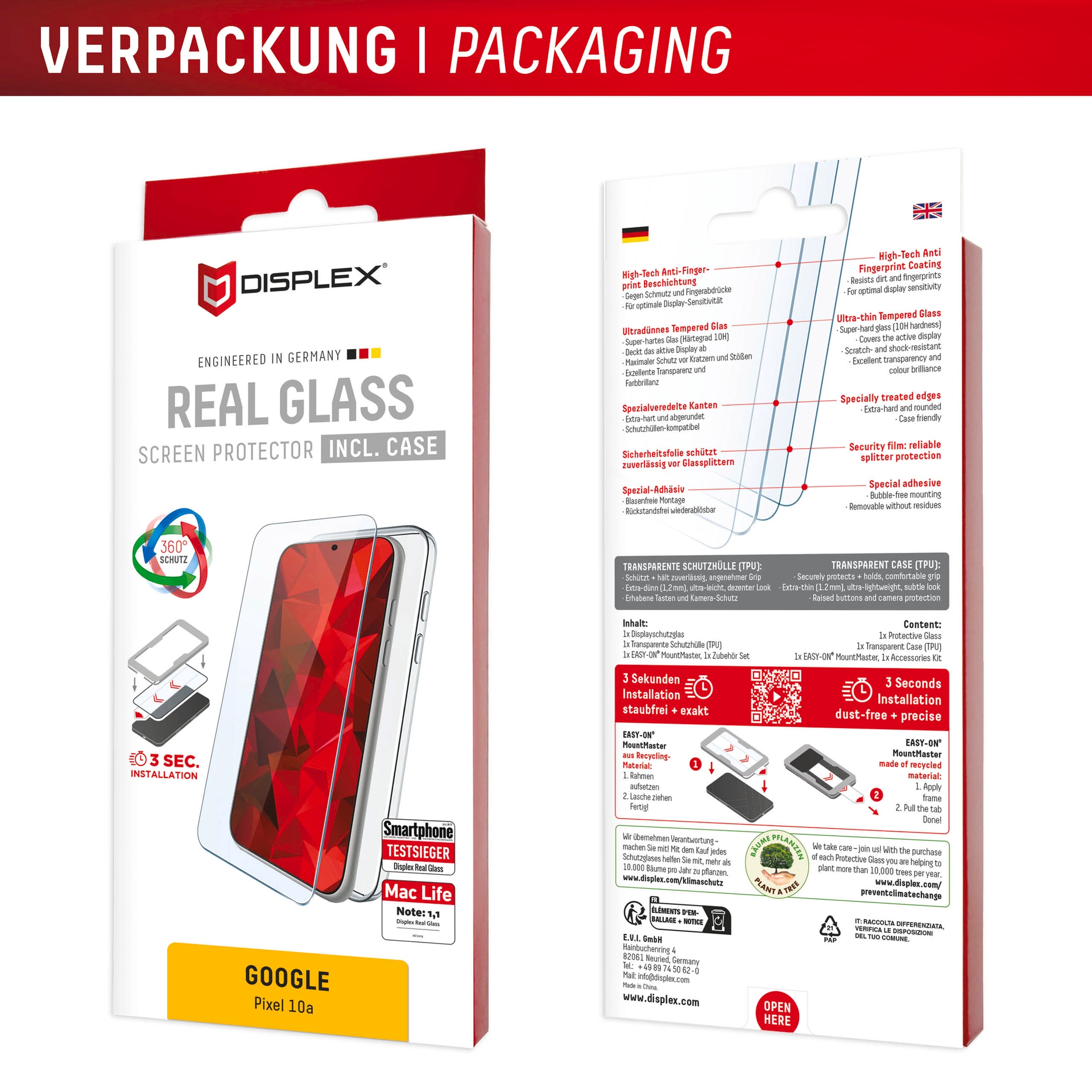 Displex Displayschutzglas »Real Glass Screen Protector inkl. Case mit MountMaster« für Google Pixel 10a Displayschutzfolie, Schutzfolie, Bildschirmschutz, kratz- & stossfest