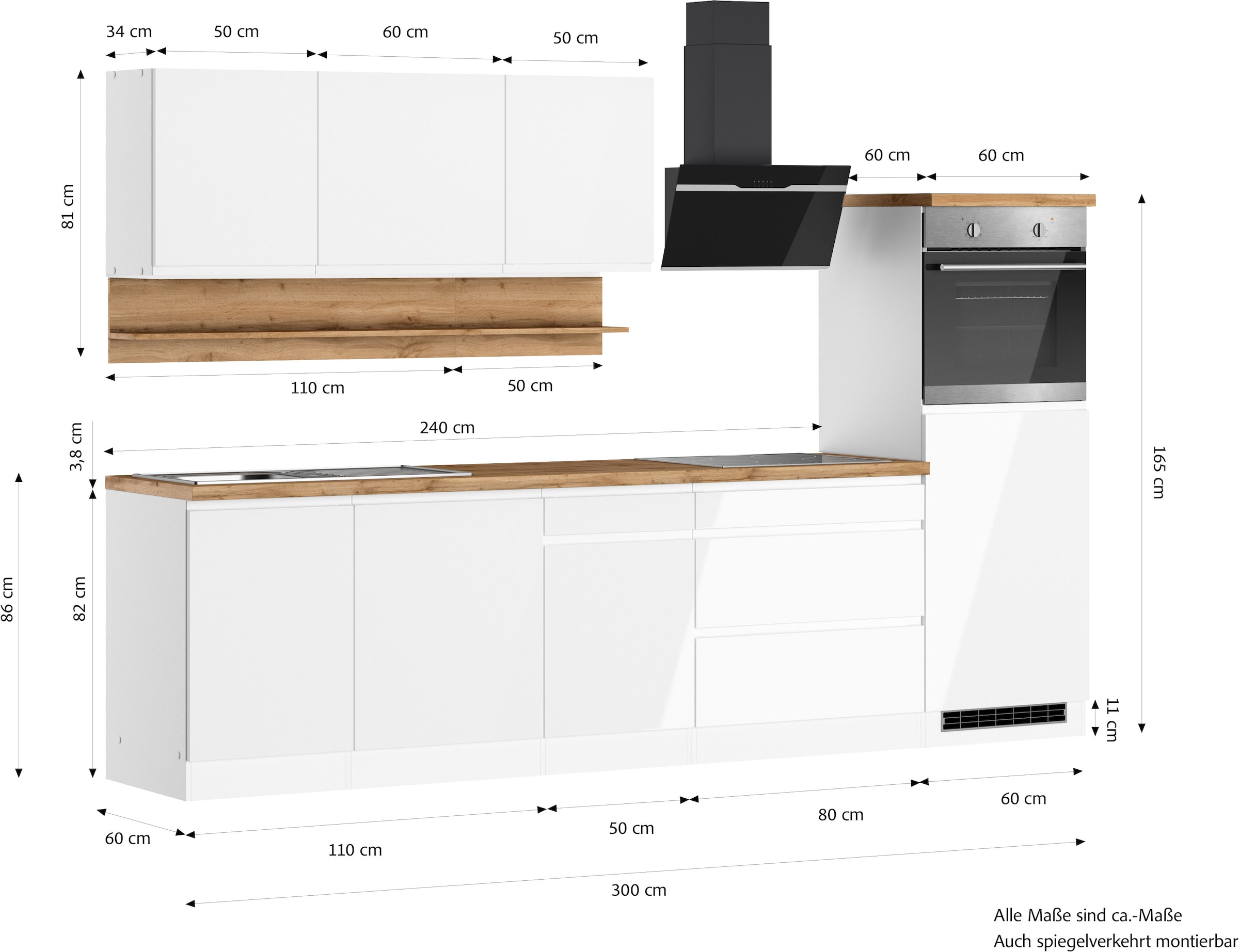 KOCHSTATION Küchenzeile »KS-Virginia,neu in verbesserter Ausführung« Arbeitsplatte 38 mm stark, Stauraum, Softclose,  Breite 300 cm, Soft-Close, ohne E-Geräte
