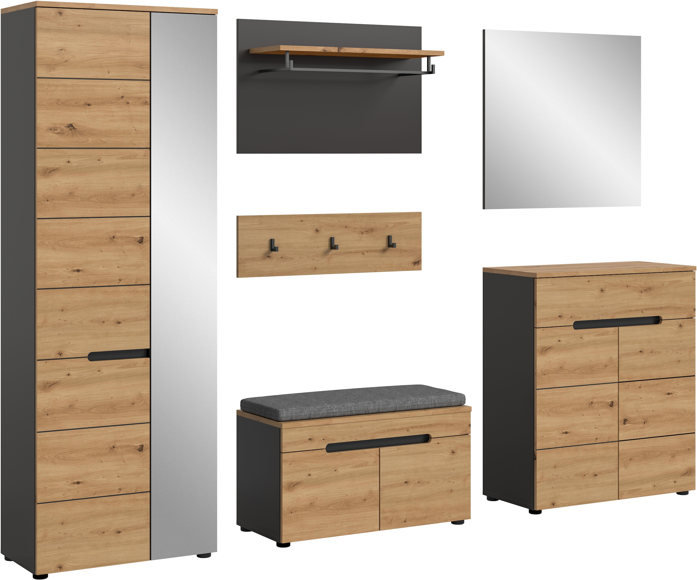 Home affaire Garderoben-Set »REHAT, TOPSELLER!, 6-teilig, Breite 255 cm, individuell erweiterbar« Set, Schrank, Sitzbank, Sitzkissen, Paneel, Hakenleiste, Spiegel, Kommode, 6 Stk. tlg.