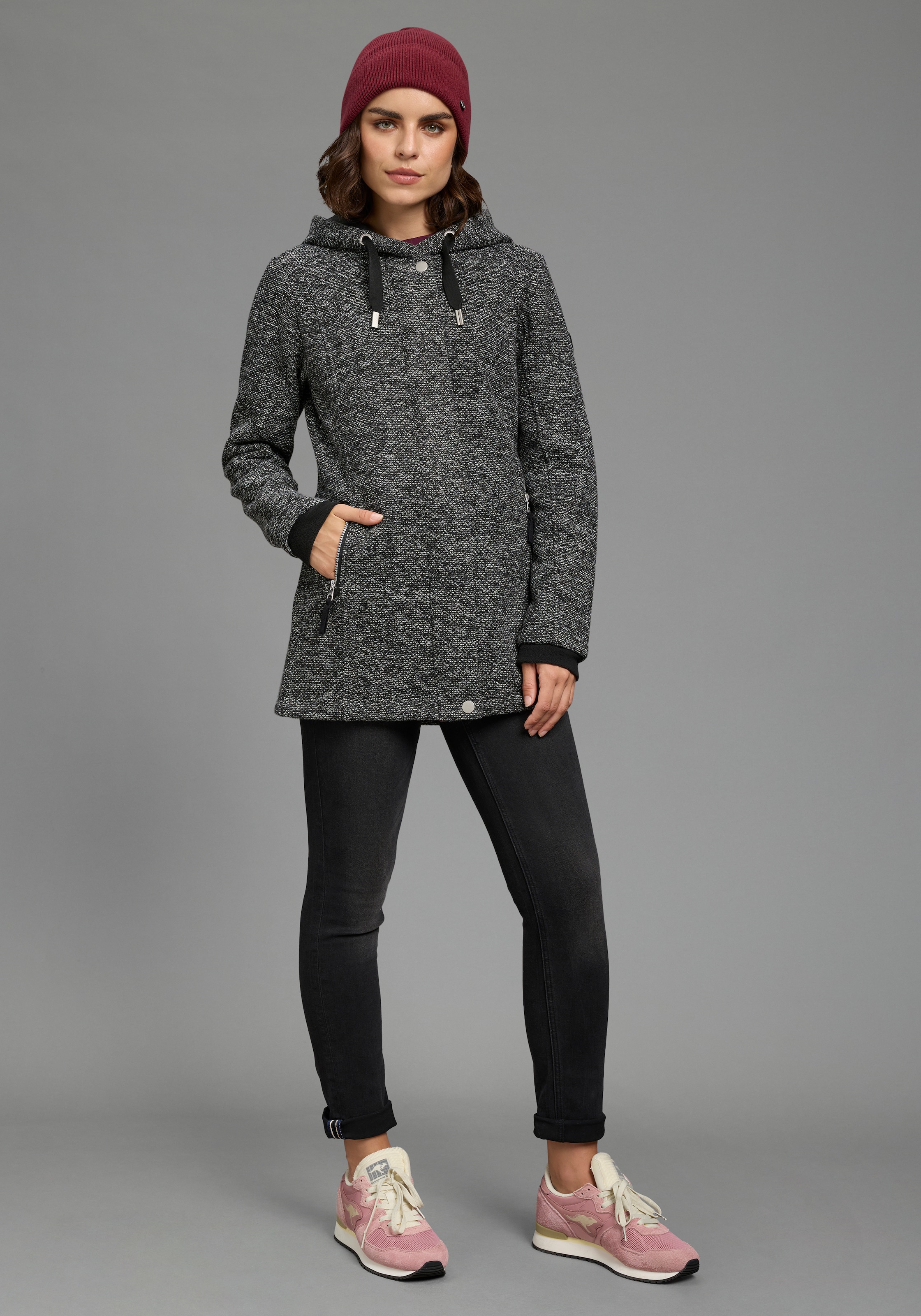 KangaROOS Strickfleecejacke mit Kapuze mit 2-Wege-Reissverschluss und Druckknöpfen, hüftbedeckend