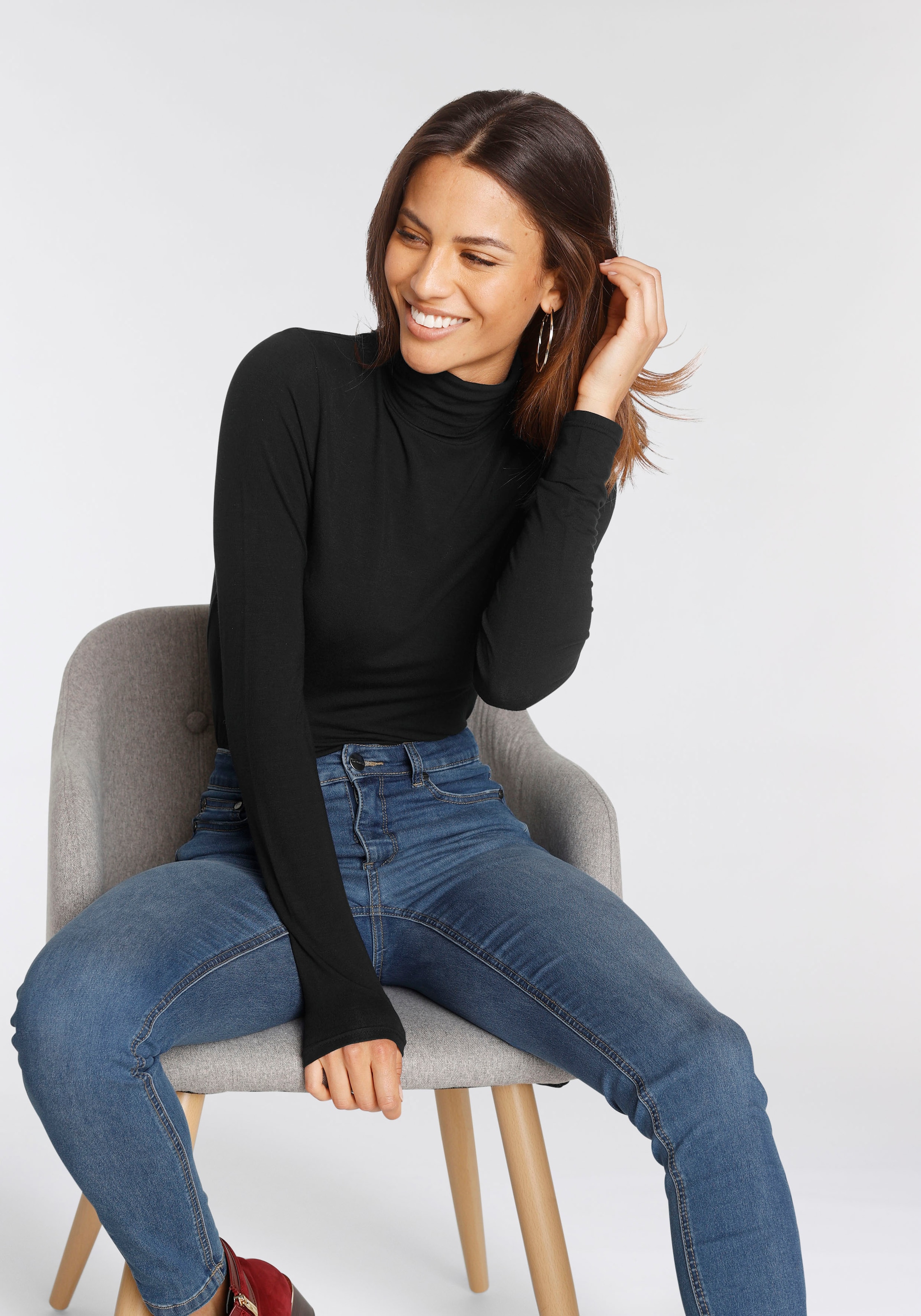 Tamaris T-shirt à col roulé Langarm,  Basic, aus elastischem Material