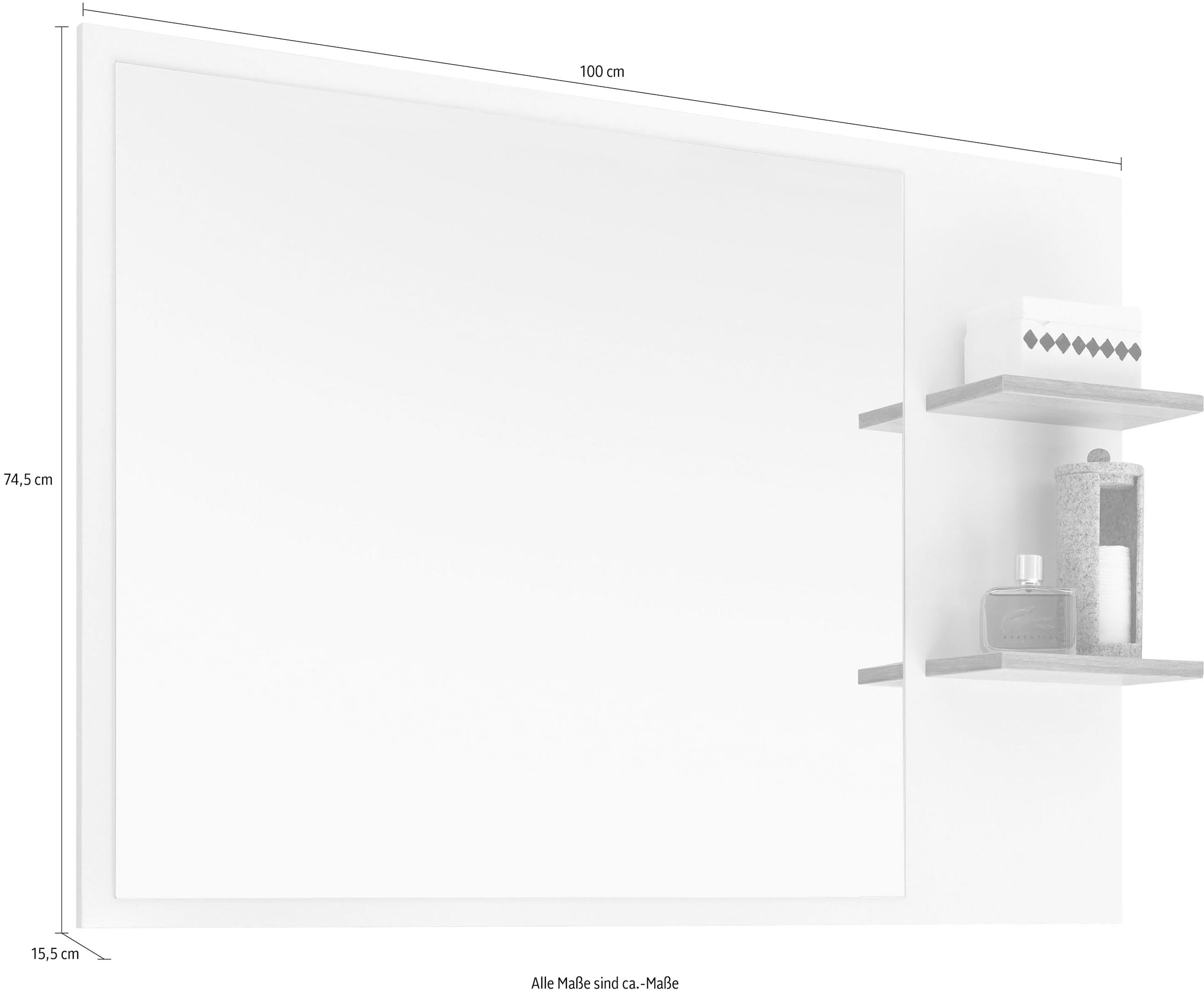 Saphir Badspiegel »Quickset 923 Spiegel 100 cm breit mit seitlicher Ablage« Flächenspiegel Weiss Glanz, Riviera Eiche quer Nachbildung