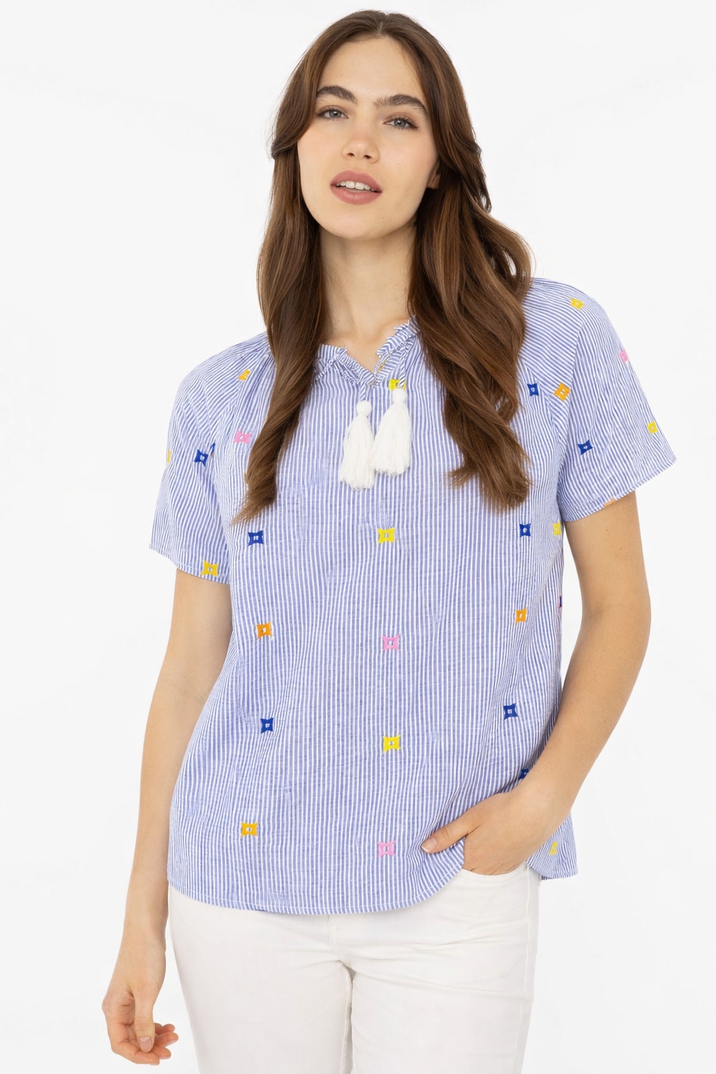 Zwillingsherz Kurzarmbluse »"Stripe & Stitch"« Kurzarm, mit Stickerei, Tunnelzug und Tasseln