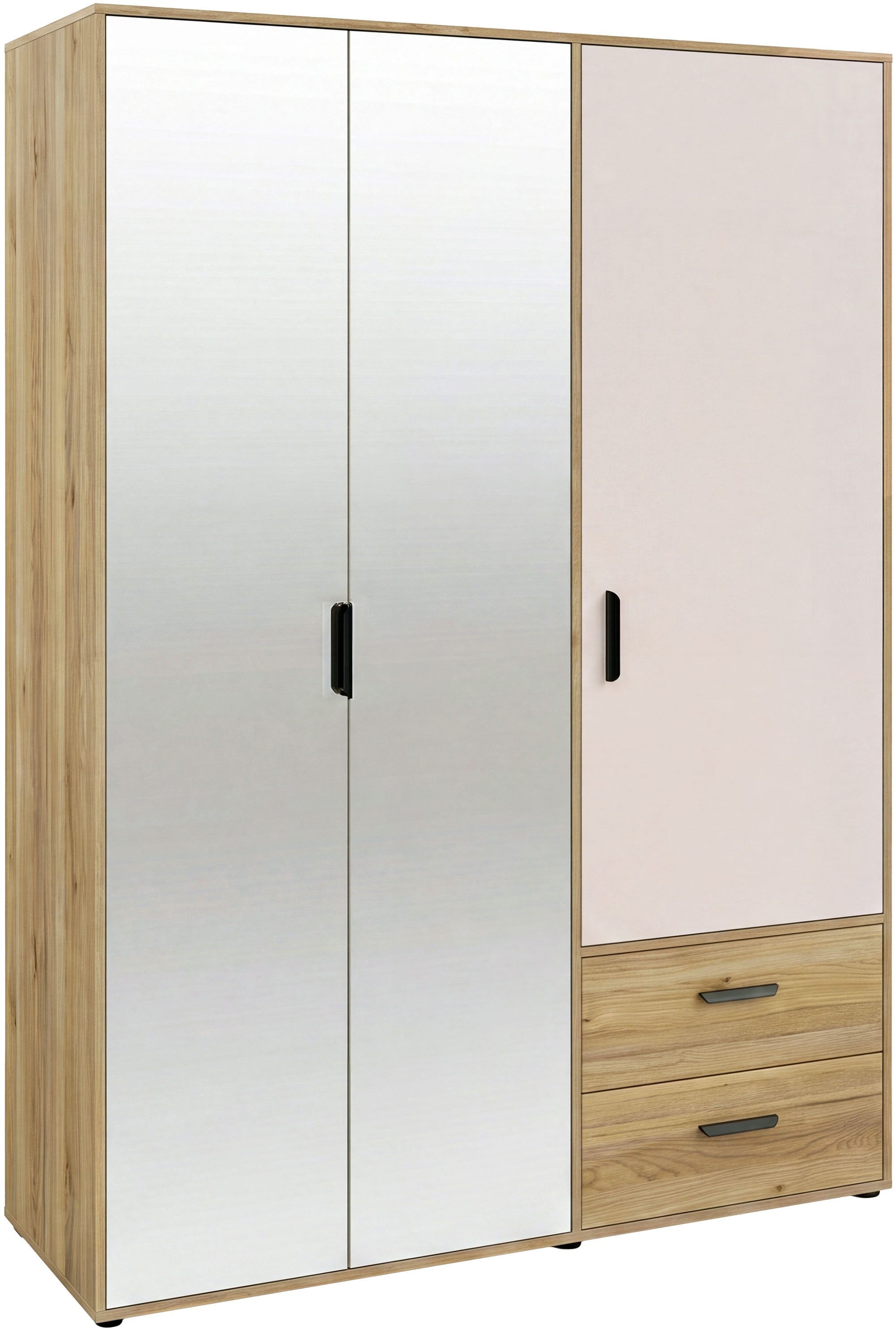GOODproduct Kleiderschrank »AALOX, Spiegel, 3 Türen, 2 Schubladen, viel Stauraum, schwarze Griffe« Schrank ca. 140 bis 150 cm breit, schwarze Griffe, zeitloses Design