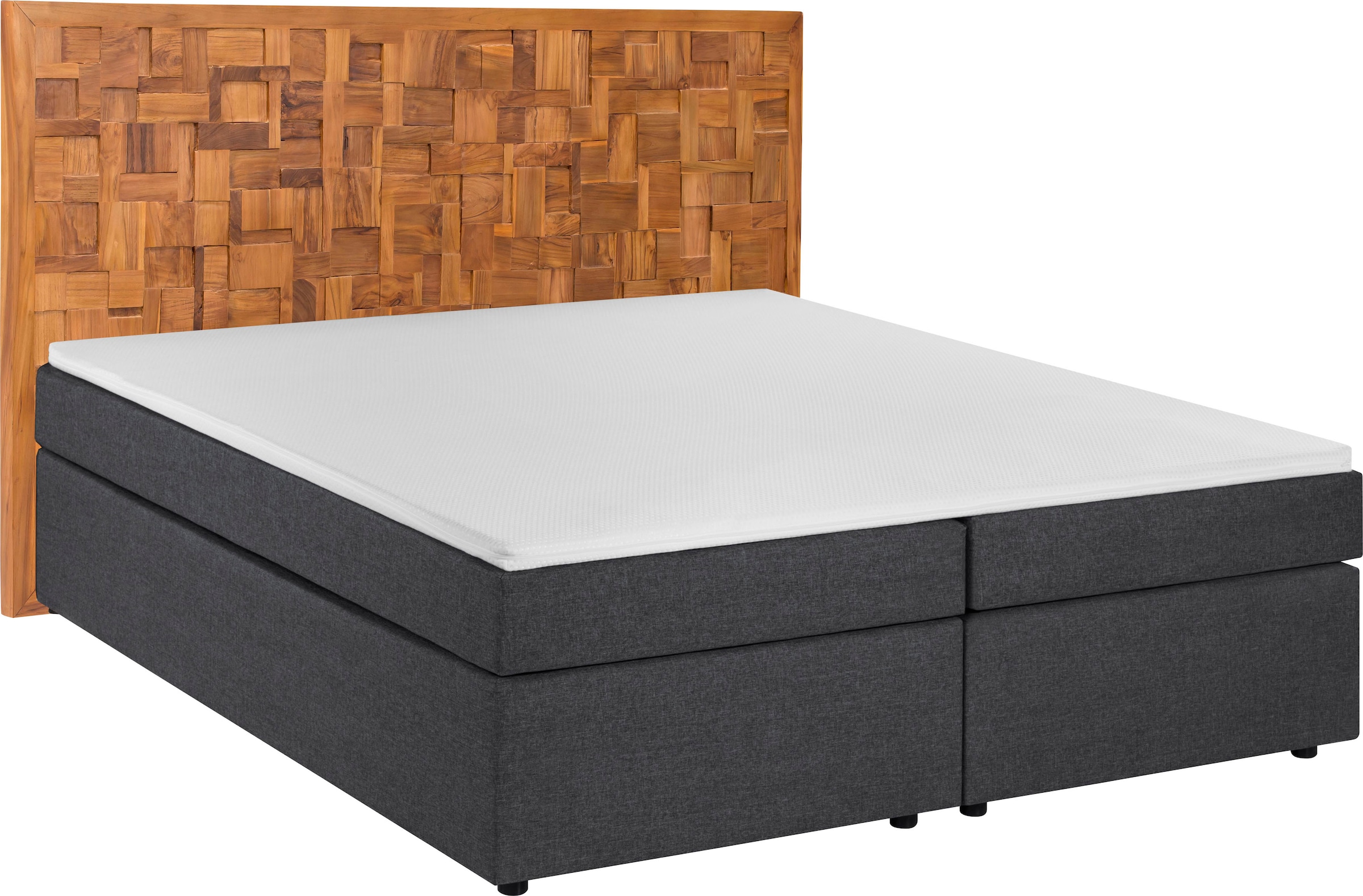 SIT Boxspringbett »Zwolle mit Holz-Mosaik-Kopfteil & 7-Zonen Matratze« Einzigartiges Teakholz-Mosaik Kopfteil & komfortabler Topper