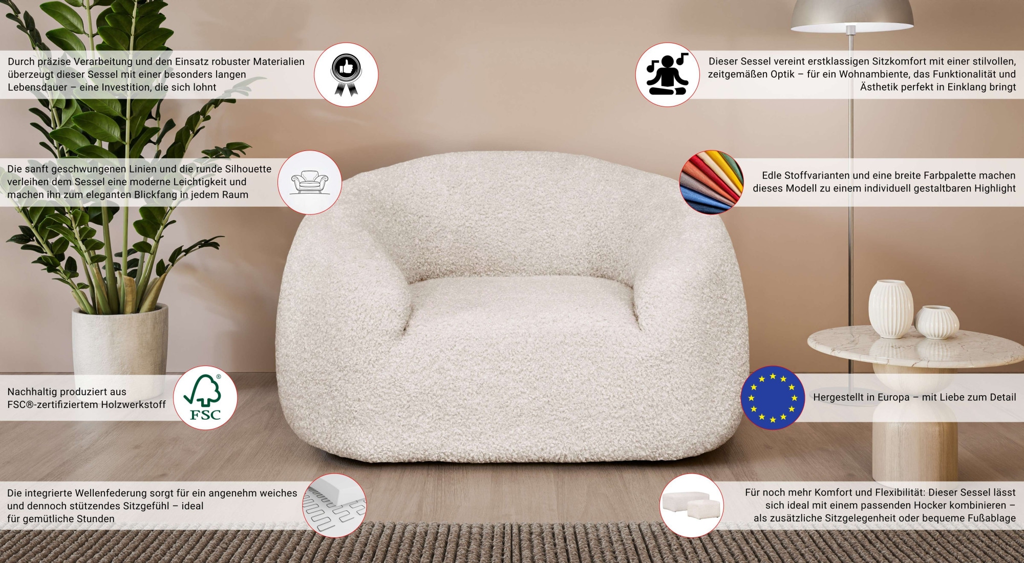 LeGer Home by Lena Gercke Fauteuil »YANI Relaxsessel, Loungesessel, Masse B/T/H: 127/96/76 cm« forme organique, avec suspension ondulée, aussi en bouclé