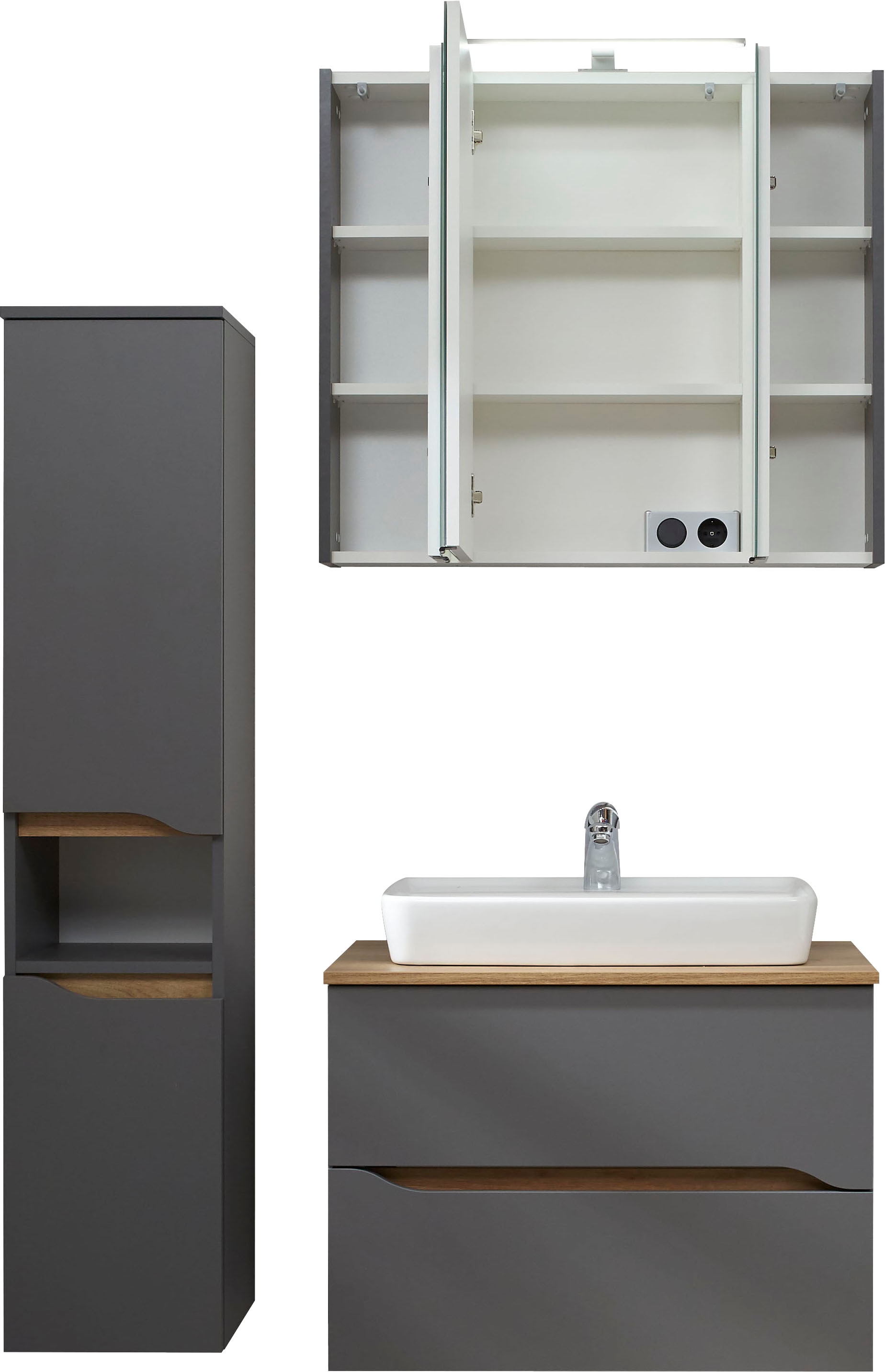 Saphir Ensemble de meubles de salle de bain »Quickset 3-teilig, Keramik-Aufsatzbecken mit LED-Spiegelschrank« 3 cuis tlg.