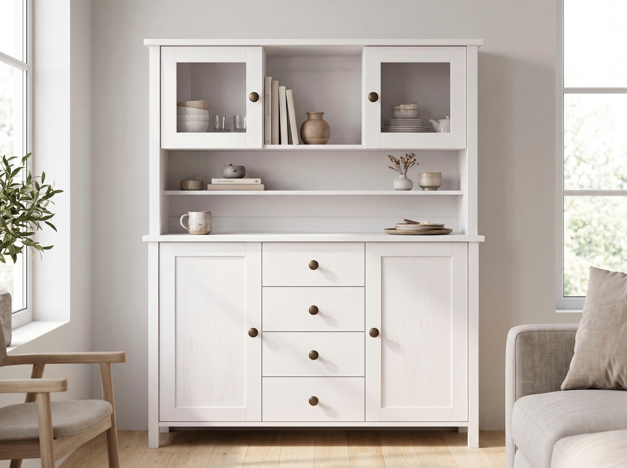 GOODproduct Buffet »Mikkeli Küchenbuffet mit 2 Glastüren, Metallgriffe« aus massiver FSC®-zertifizierter Kiefer, moderner Landhausstil