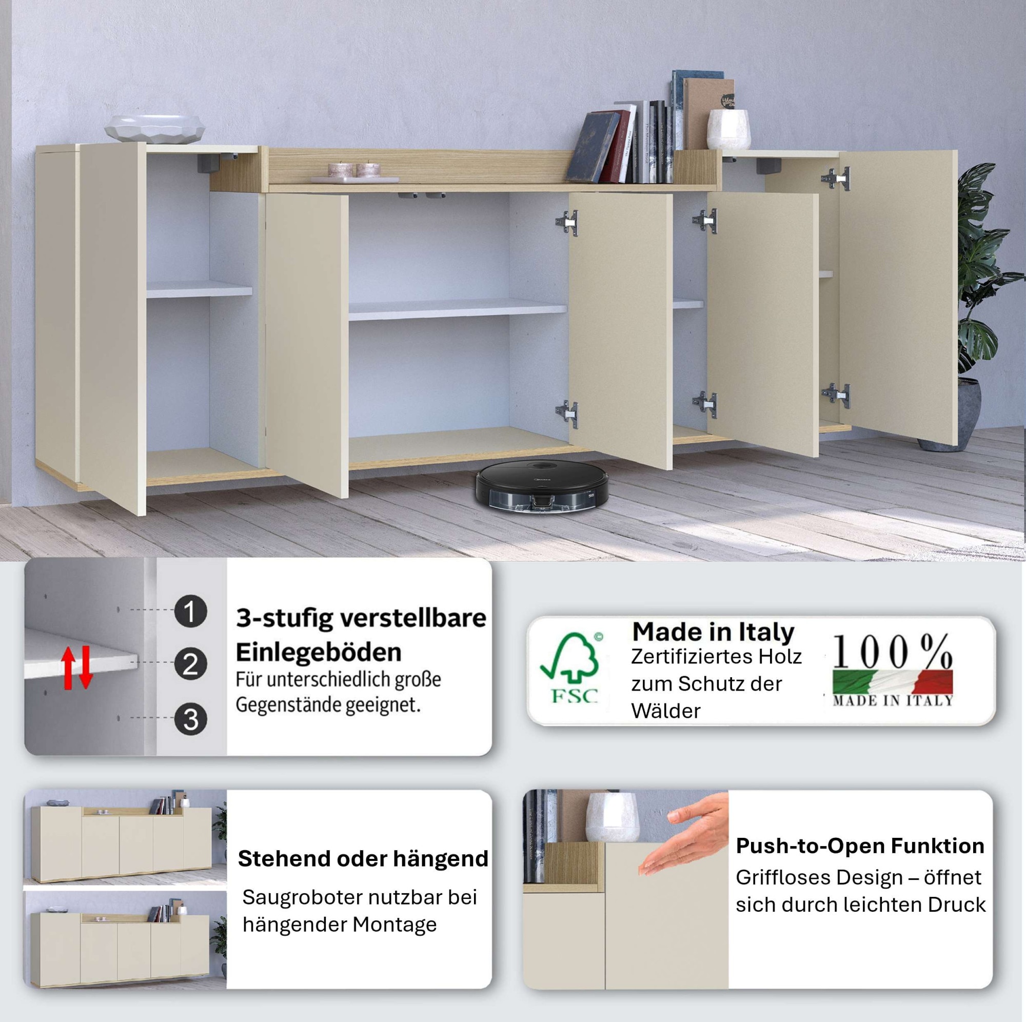 GOODproduct Sideboard »BOLSENA, Kommode, Schrank,Lowboard mit 8 Fächer und offenes Ablagefach« 1 Stk. tlg. stehend/hängend montierbar, Made in Italy, B/T/H: 200 × 35 × 71,2 cm