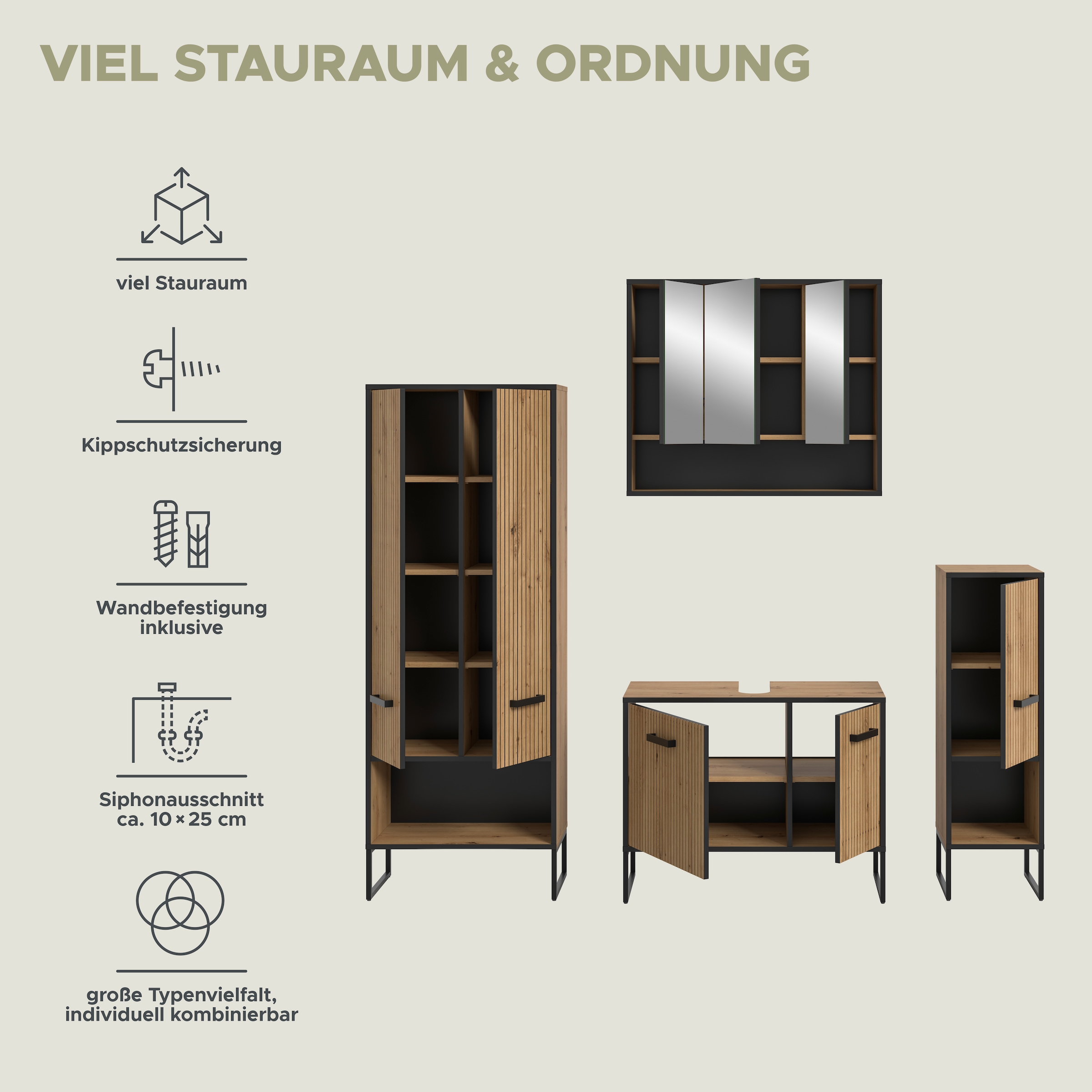 welltime Badmöbel-Set »LOCRI, 4-tlg. Badkombination, Breite 199 cm, Rillenoptik, Metallkufen« bestehend aus: Hochschrank, WBU, Spiegelschrank & Standschrank, 4 Stk. tlg.