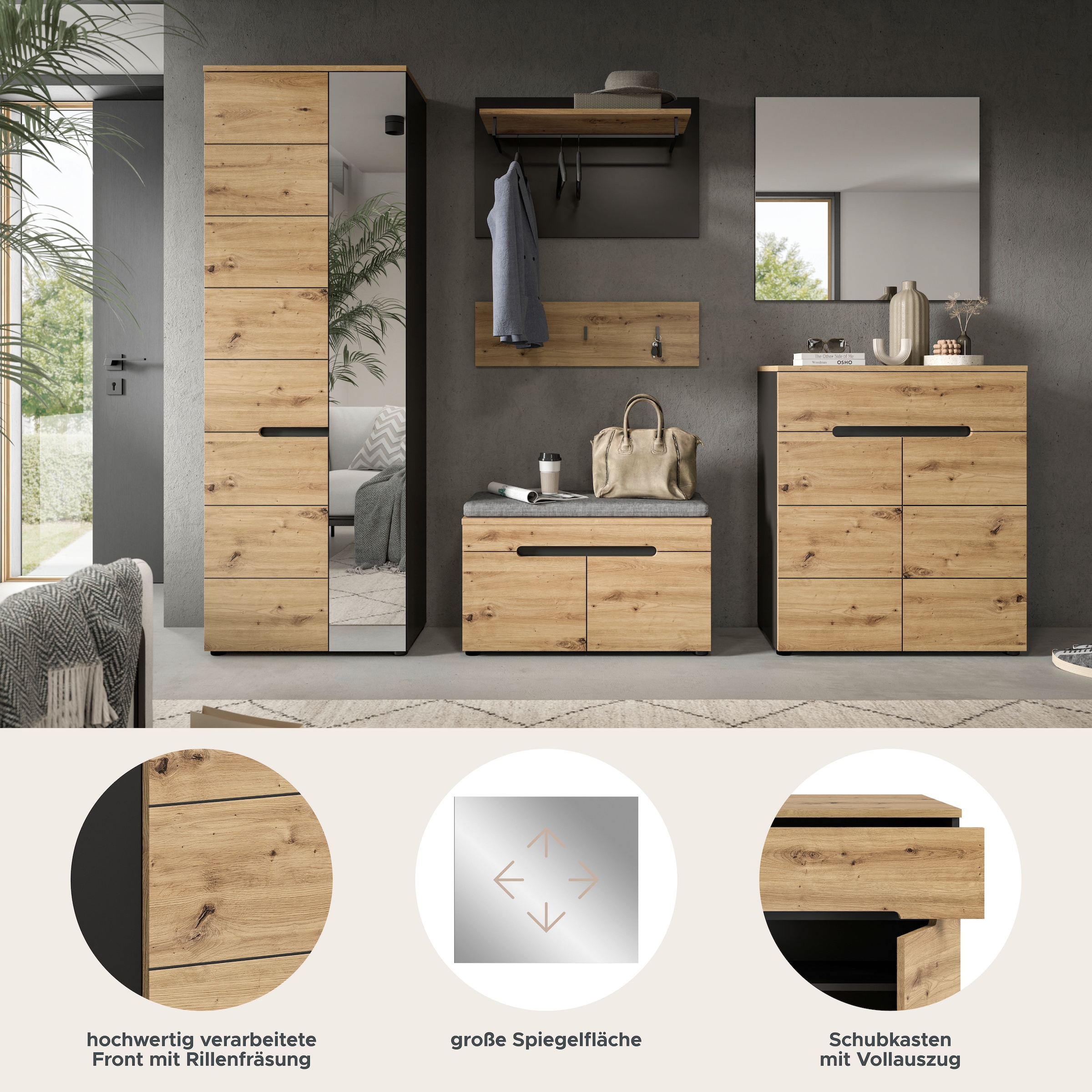 Home affaire Garderoben-Set »REHAT, TOPSELLER!, 6-teilig, Breite 255 cm, individuell erweiterbar« Set, Schrank, Sitzbank, Sitzkissen, Paneel, Hakenleiste, Spiegel, Kommode, 6 Stk. tlg.