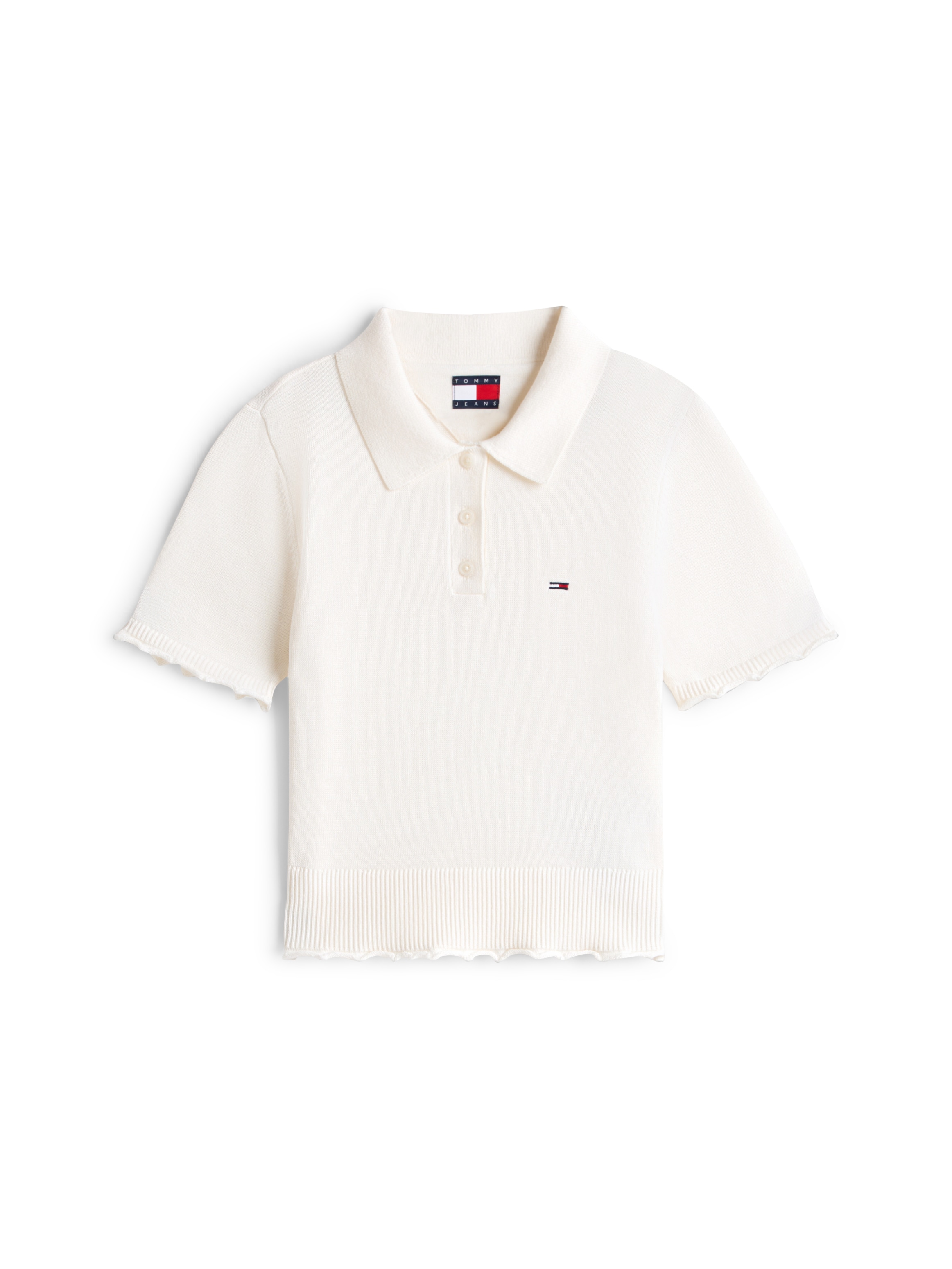 Tommy Jeans Pull en tricot »TJW LETTUCE POLO SWEATER« manches courtes avec ourlet froncé