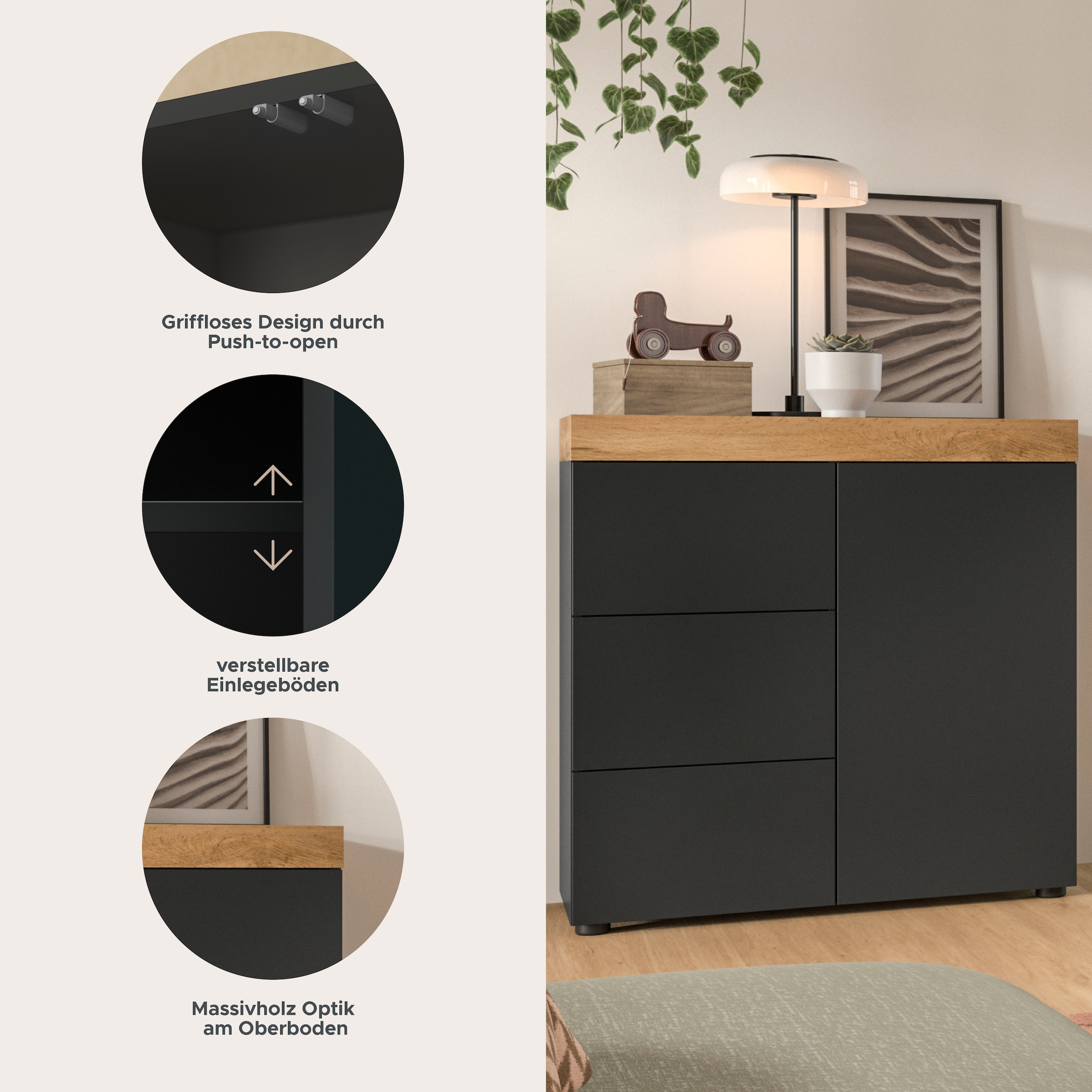 GOODproduct Commode »MAMBO, Breite 77cm, 1 Tür, 3 Schubkästen, push-2-open« 2 farbige Ausführung, in verschiedenen Farben erhältlich, 1 cuis tlg. Kommode, Anrichte, Wohnzimmer, Schlafzimmer