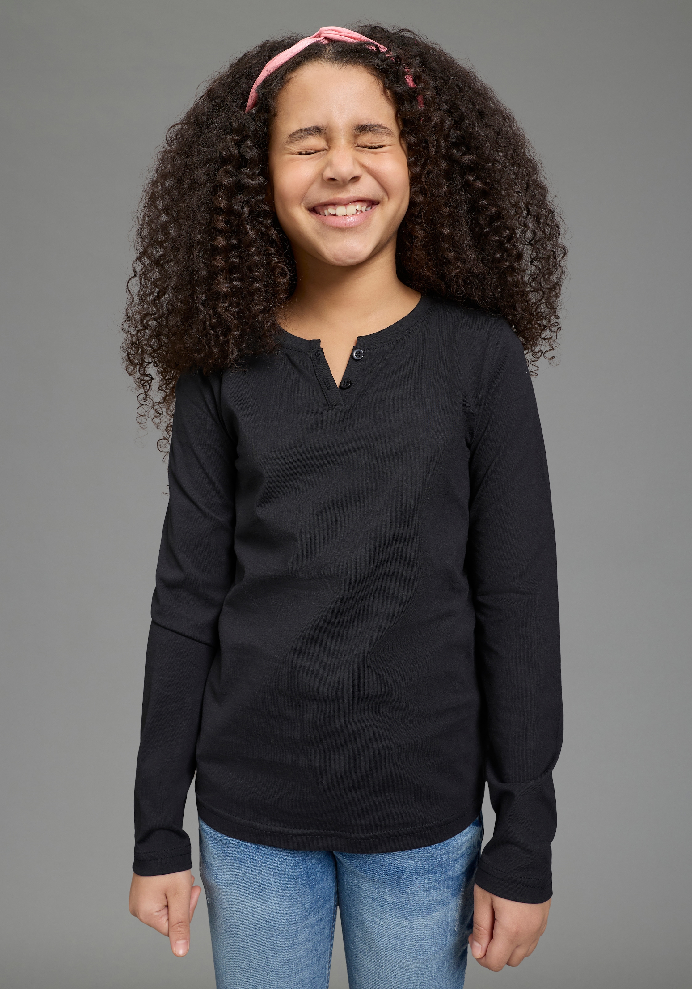 H.I.S T-shirt à manches longues »2er Pack Shirts 1x uni + 1x geringelt, für Mädchen« Paquet, 2, 2 pièces für Mädchen, Langarm, mit Rundhalsausschnitt und Knopfleiste
