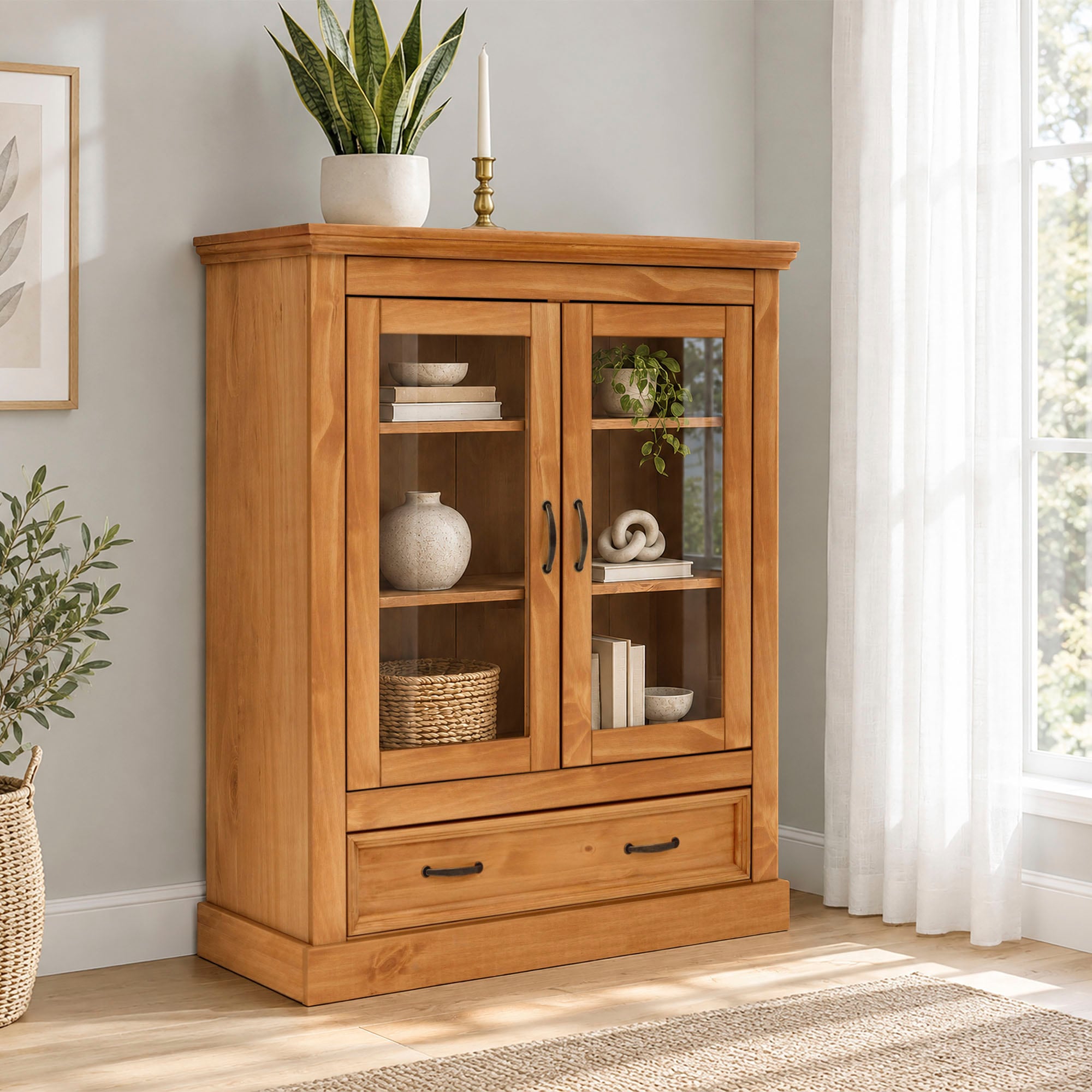 GOODproduct Vitrines »Selma Highboard« en pin massif, avec poignées en métal vieilli