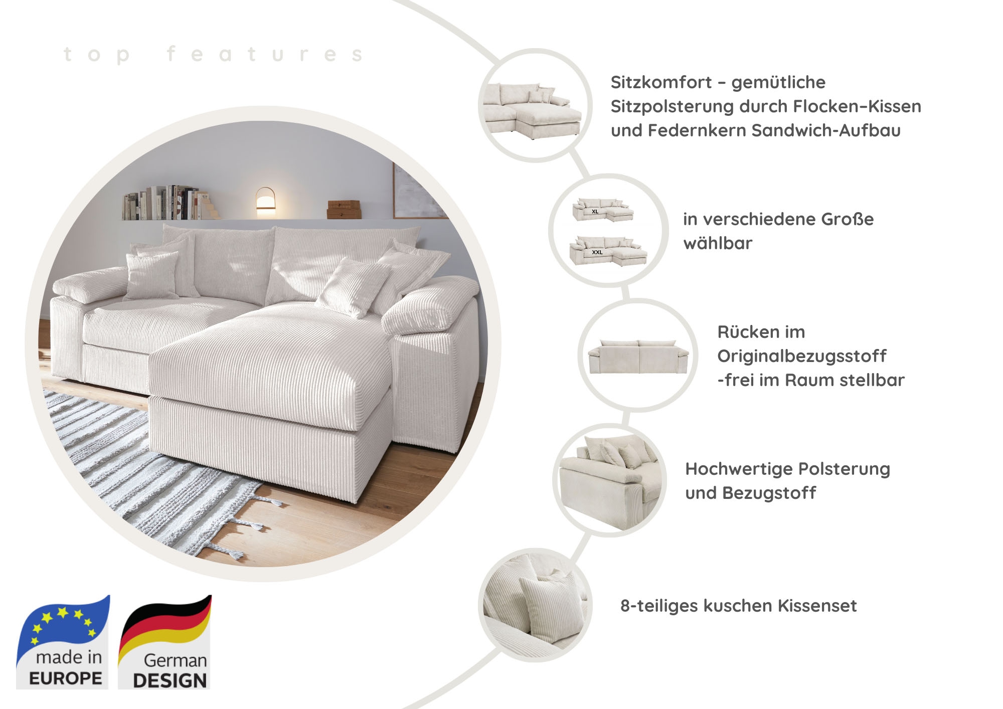 Home affaire Ecksofa »Soft&Cosy XXL L-Form, B: 303 cm - OTTO. Verlässliche Qualität.« Mega-Sofa, Cord oder Chenille-Struktur, mit Federkern & 4 Zierkissen