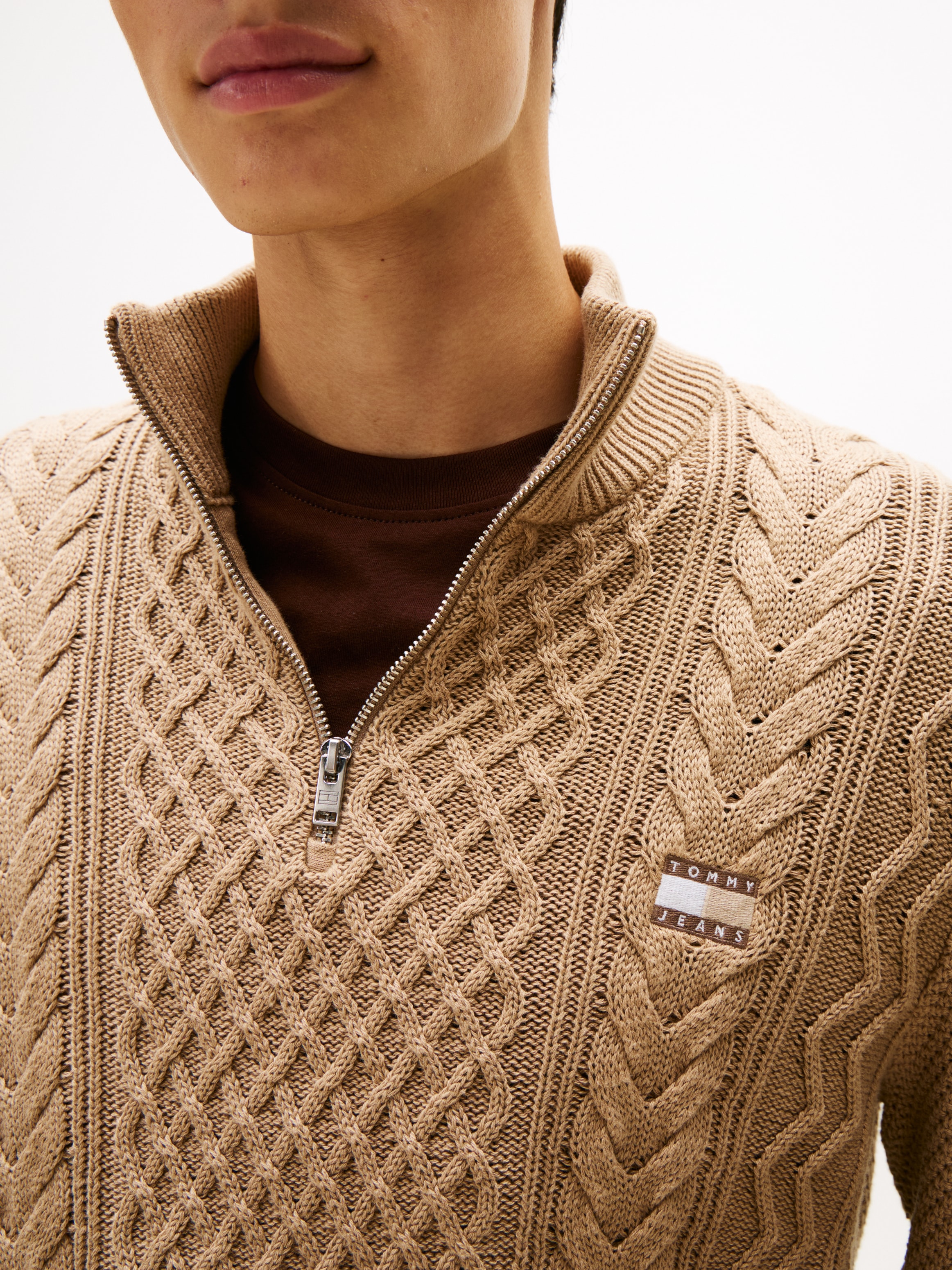 Tommy Jeans Strickpullover Troyer-Kragen mit Reissverschluss, slim fit, Zopfstrick-Muster