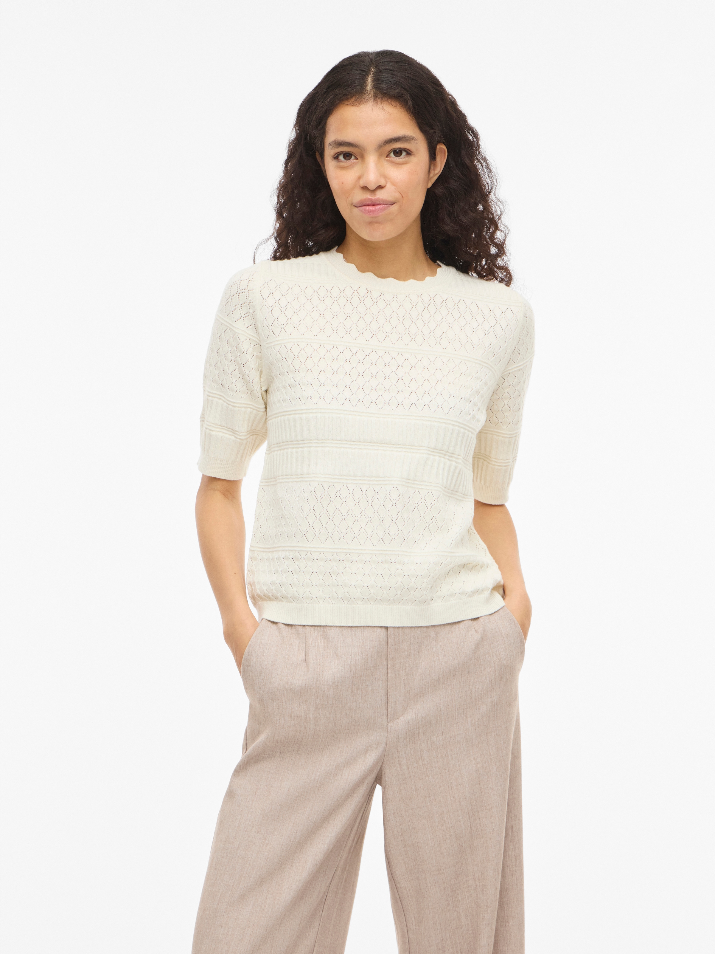 Vila Kurzarmpullover »VIMILOS S/S O-NECK POINTELLE TOP - NOOS«