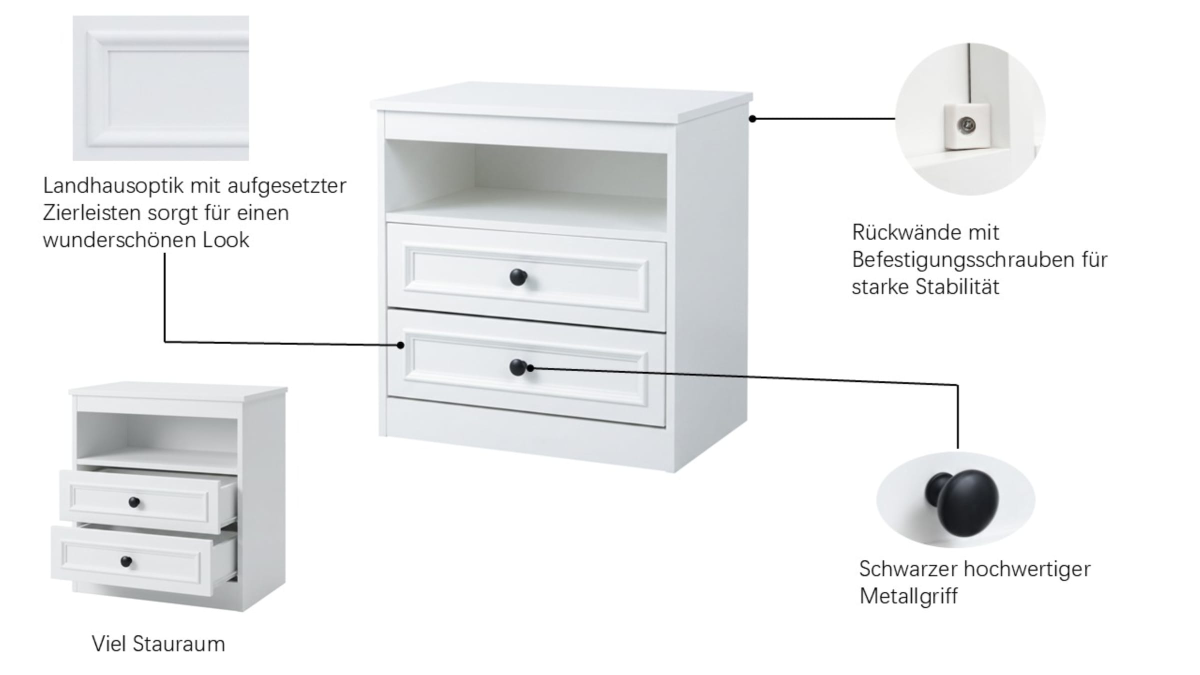 GOODproduct Nachttisch »Arrian, 2er-Set, Landhausstil, 2 Schubladen & Ablagefach, weiss« Set, 2 Stk. tlg.