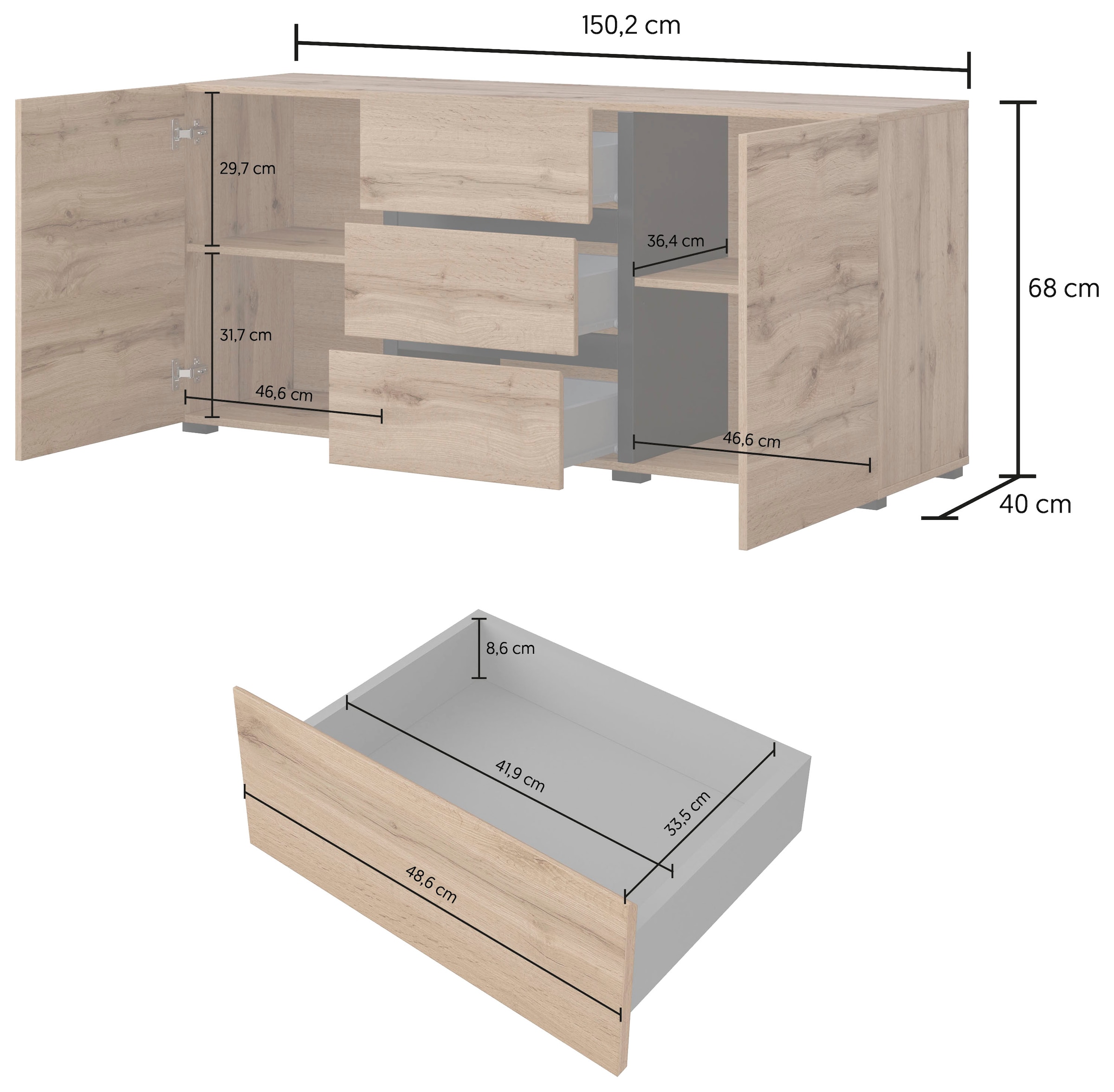 GOODproduct Sideboard »Cross, Breite 150 cm, moderne grifflose Kommode, 2Türen/3 Schubkästen« Schubladenkommode mit viel Stauraum, Einlegeböden verstellbar