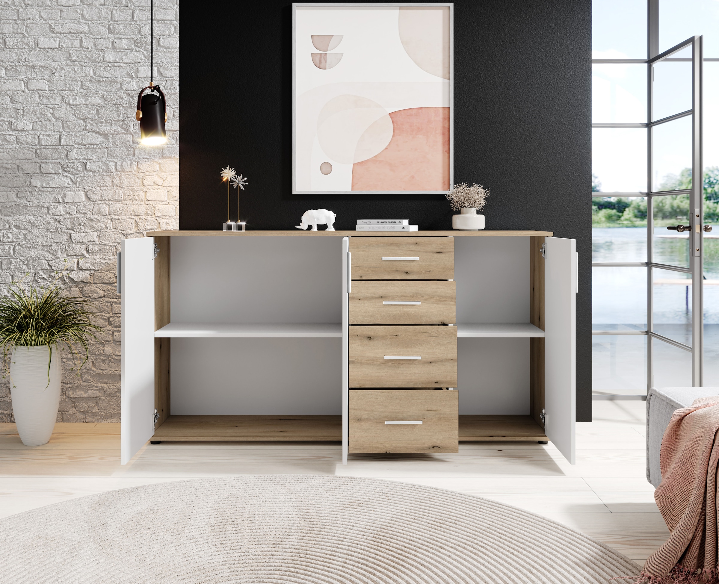 HBZ Kommode »BC-Drift-2, Sideboard Stellmass BxHxT 160x84x35 cm« 1 Stk. tlg. Sideboard mit 3 Türen und 4 Schubkästen, 2 Einlegeböden
