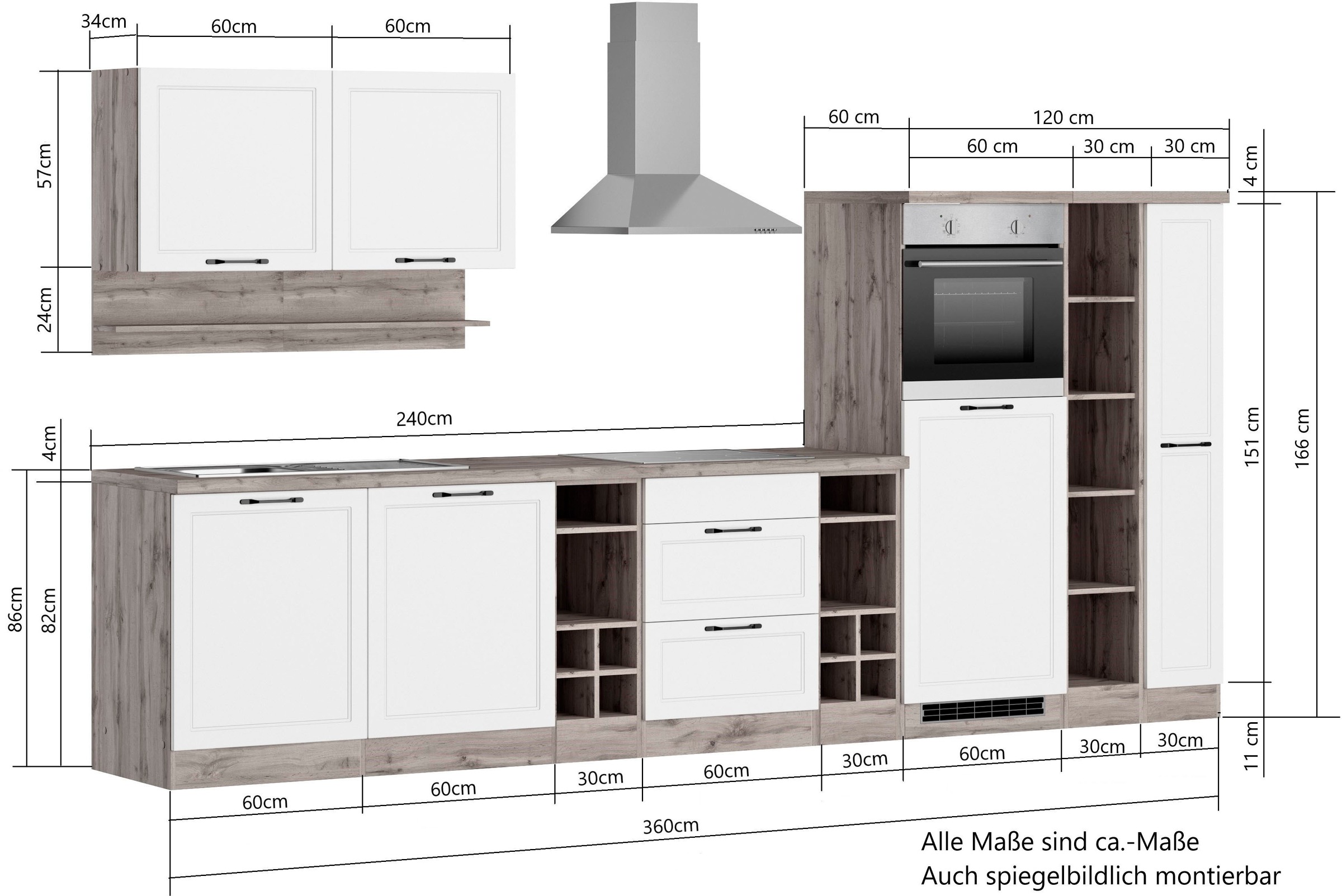 KOCHSTATION Kitchenette »KS-Lana« 360 cm de large, avec ou sans appareils électriques au choix
