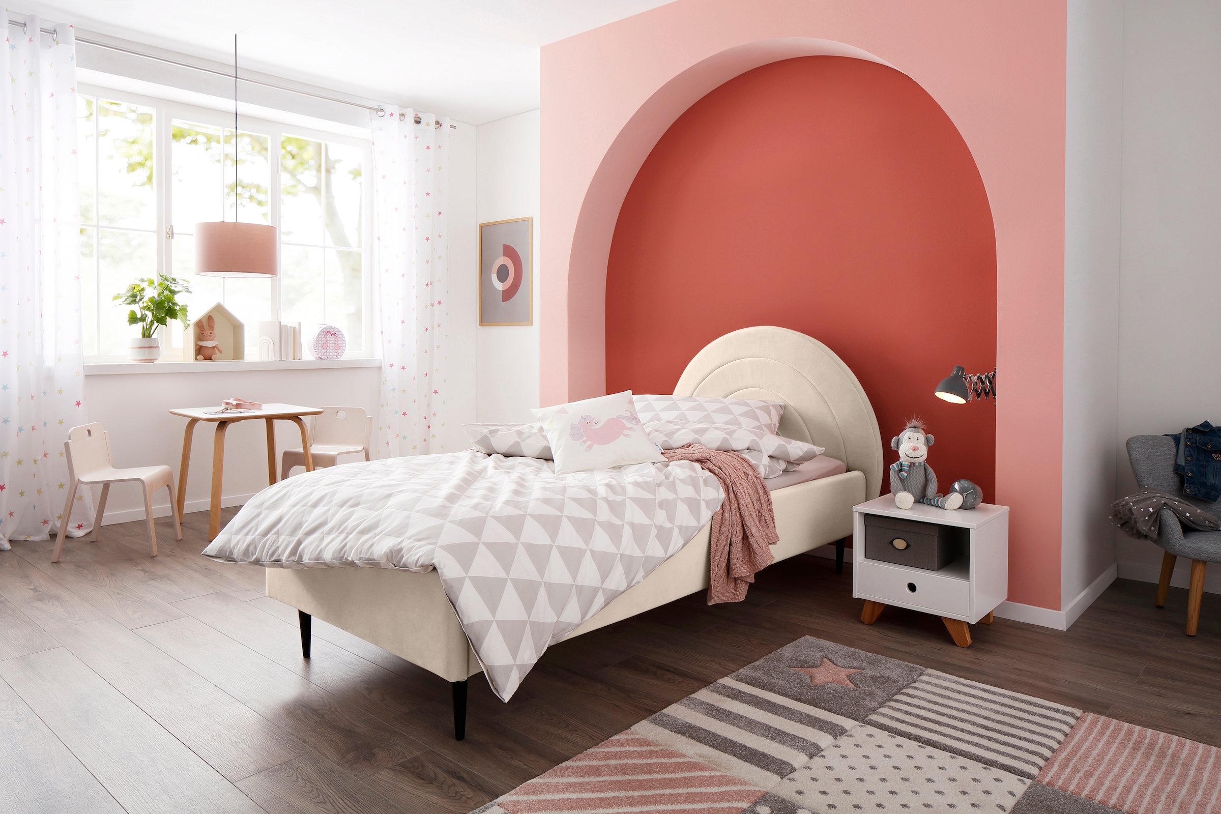 Lüttenhütt Polsterbett »Femmy« angenehm gepolstertes Kopfteil mit dekorativem Regebogenmotiv