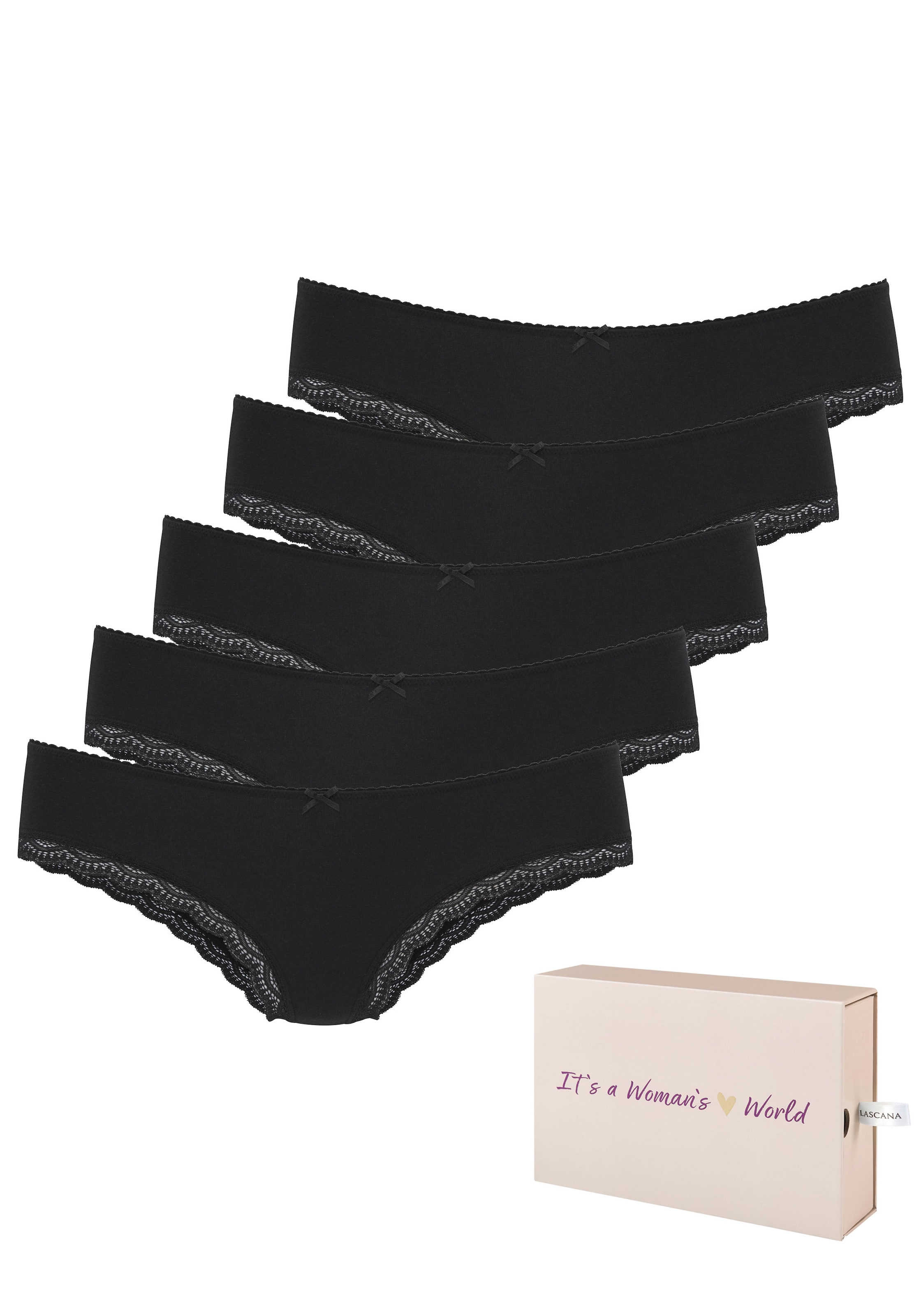 LASCANA Slip brésilien pack de 5,  en coton élastique avec dentelle délicate, avec boîte de rangement