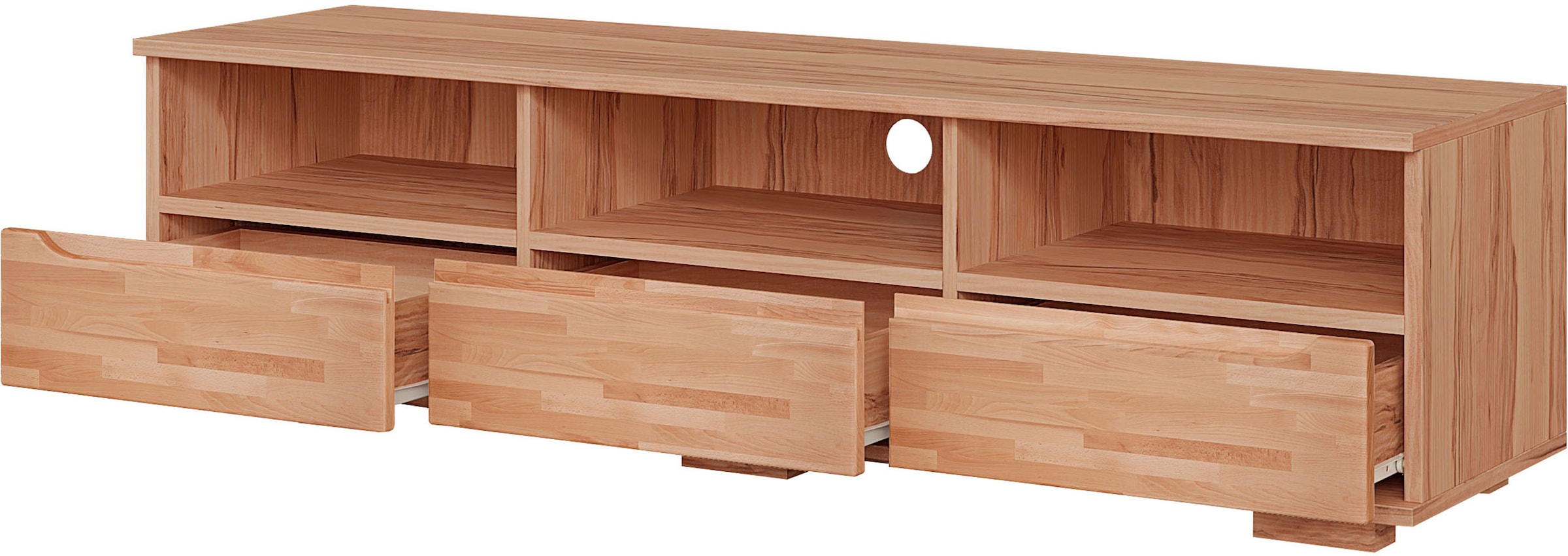 GOODproduct Lowboard »VETRO Teilmassiv, Fronten Massivholz, Wohnzimmer, Stauraum,Griffmulde« B/T/H:150/40/40 cm, 3 Schubladen, 3 offene Fächer, kabeldurchführung