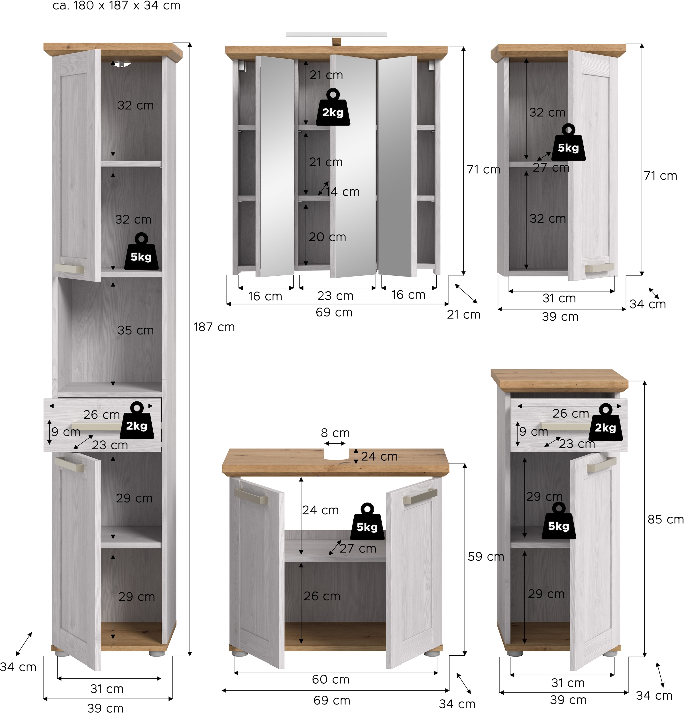 welltime Ensemble de meubles de salle de bain »COSENZA« 6 cuis tlg.