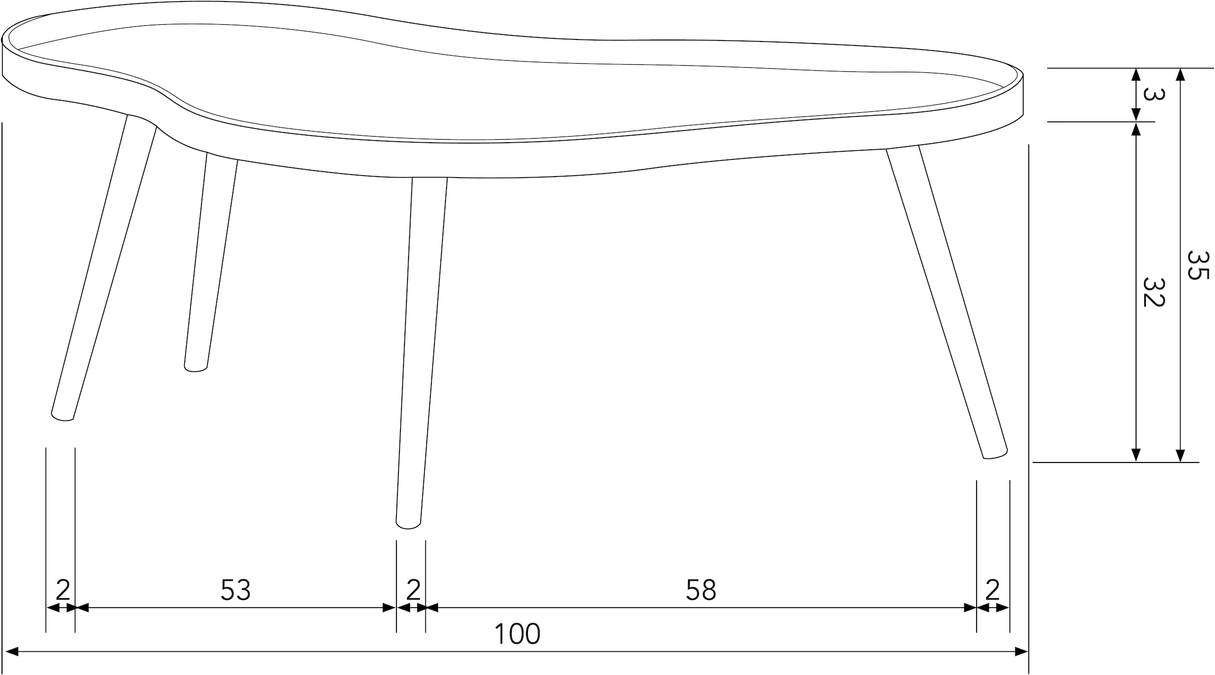 WOOOD Beistelltisch »Mae aus MDF und Kiefernholz mit umlaufender Randerhöhung 100x58x35 cm« Rand 2 cm hoch, Tragkraft 5 kg, Beine konisch von Ø3 auf Ø1,5 cm
