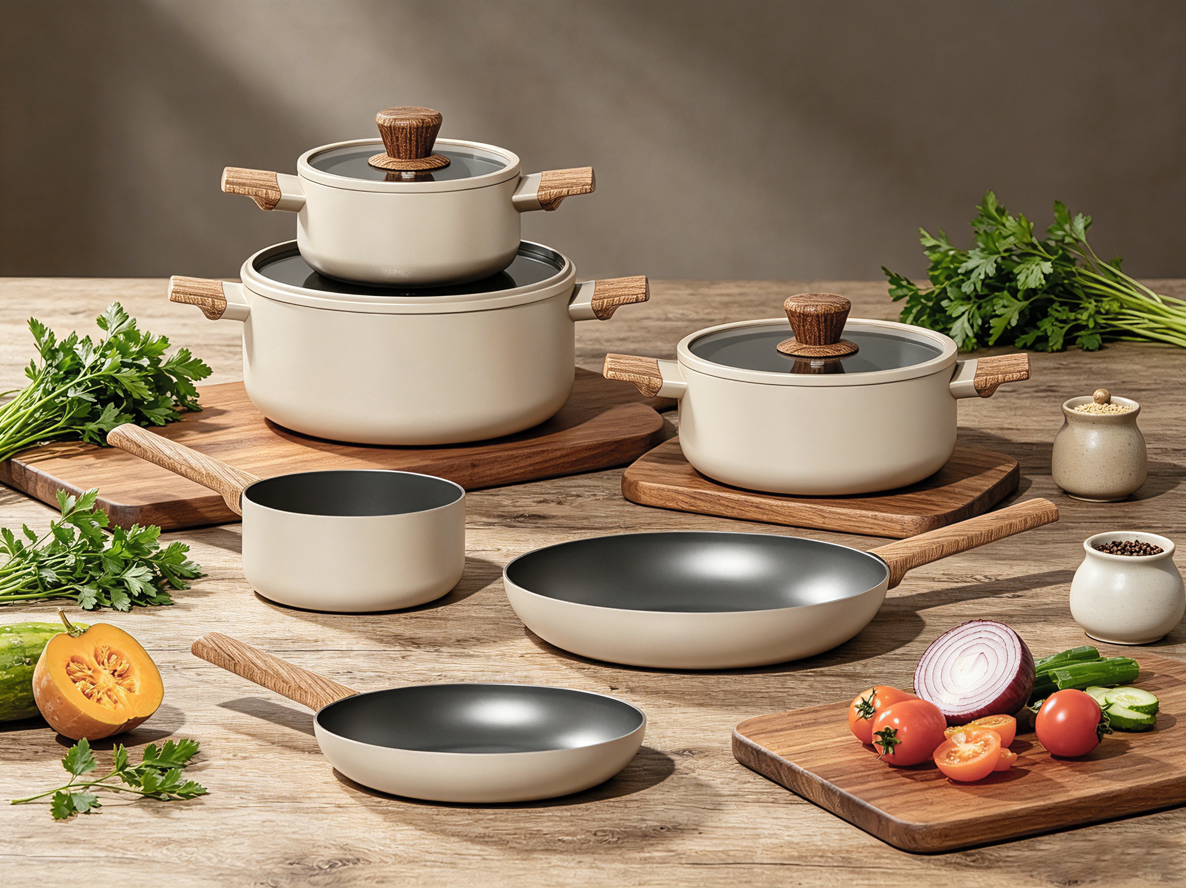 Hanseatic Topf-Set »ALU SCANDI, mit Antihaftbeschichtung« Set, Stielkasserolle 16 cm, Kochtopf 16/20/24 cm, Bratpfanne 24/28 cm, 9 tlg. Aluminium