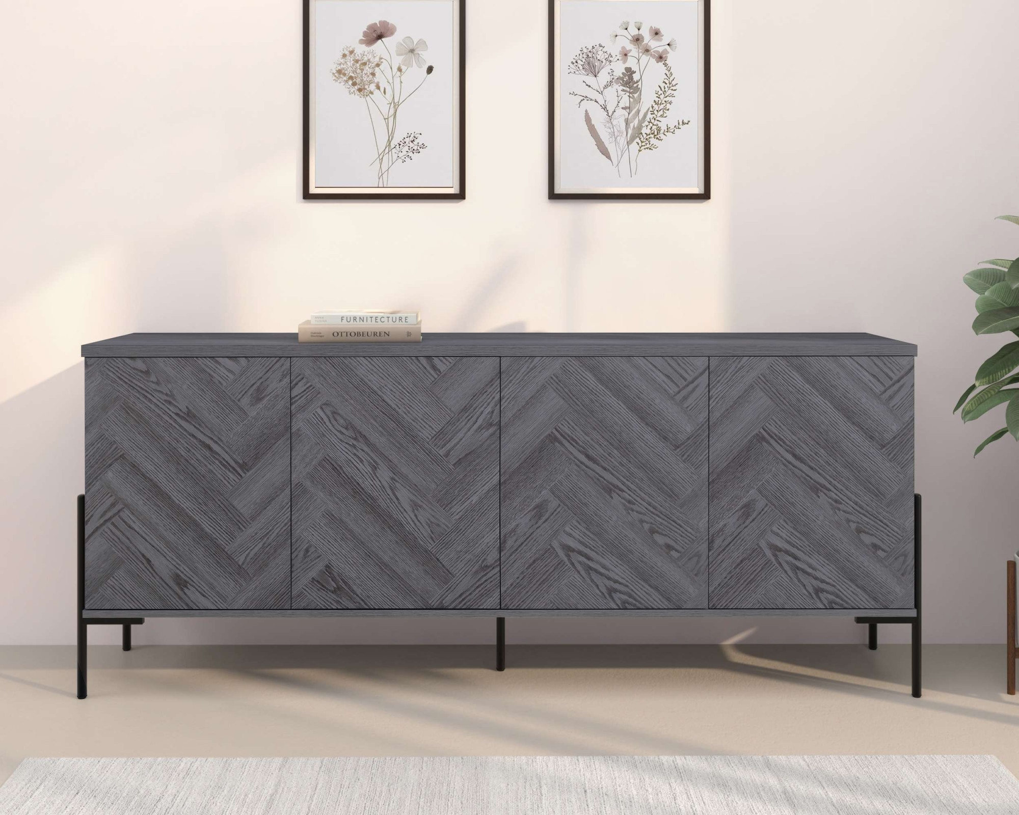Leonique Sideboard »Eadwine« Kommode, Push-to-open, Türen mit Fischgräten Muster, Breite 175 cm