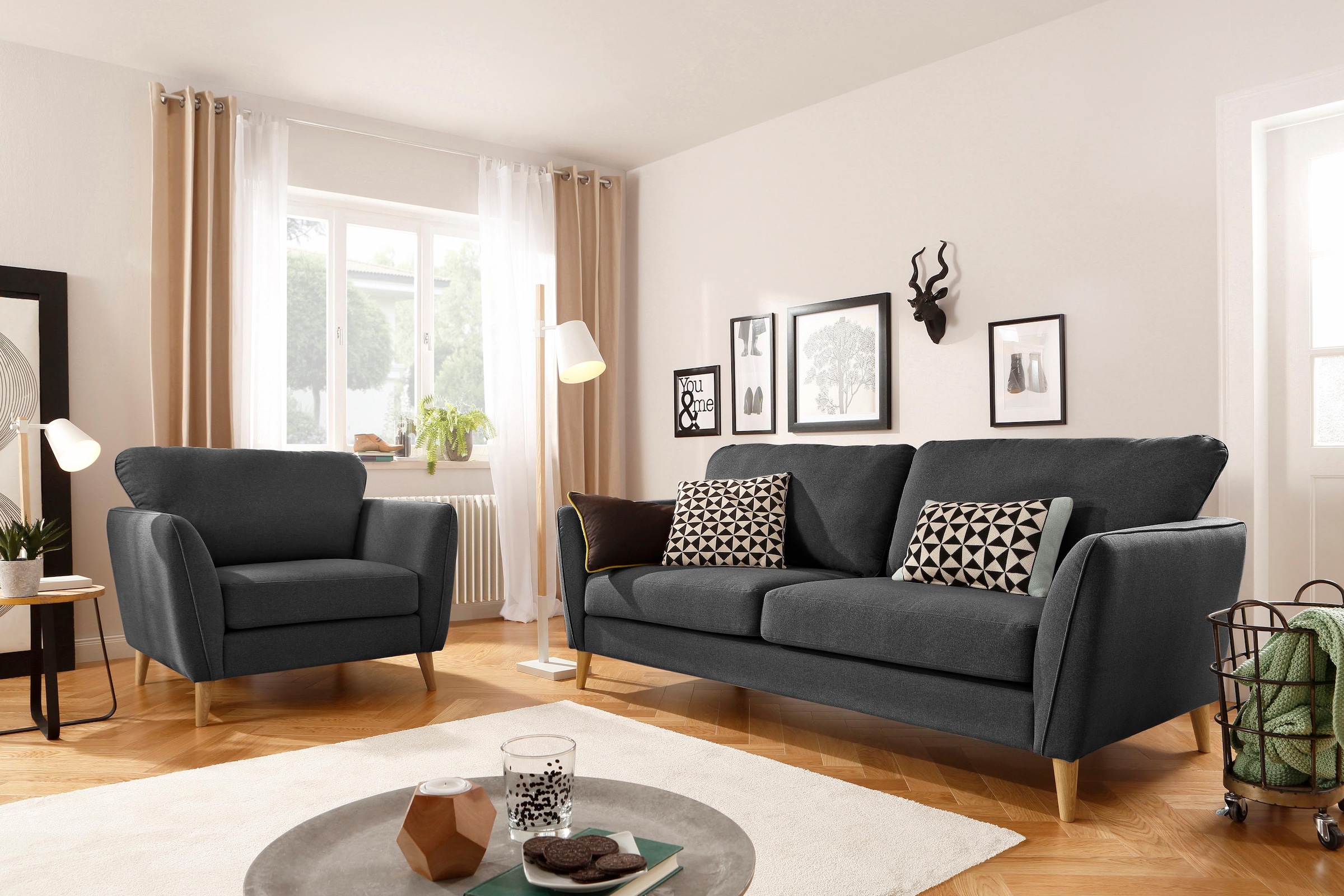 GOODproduct Fauteuil »MARSEILLE« pieds en bois massif chêne, style campagne, suspension ondulée