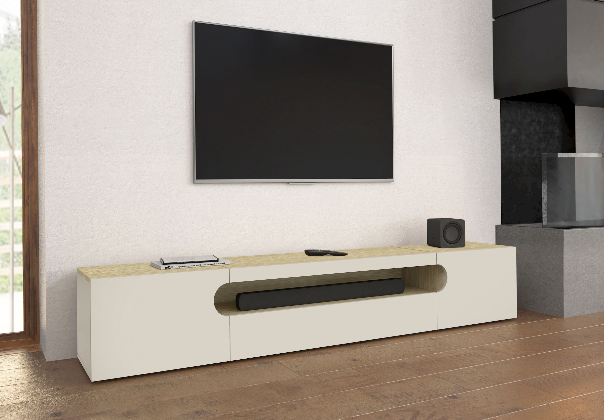 INOSIGN Table basse »REAL TV-Möbel, 240 cm breit, 40/60 cm hoch, Hochglanz oder matt« mit 2 abgerundeten Türen, 1 Klappe, die ein ovales offenes Fach bilden