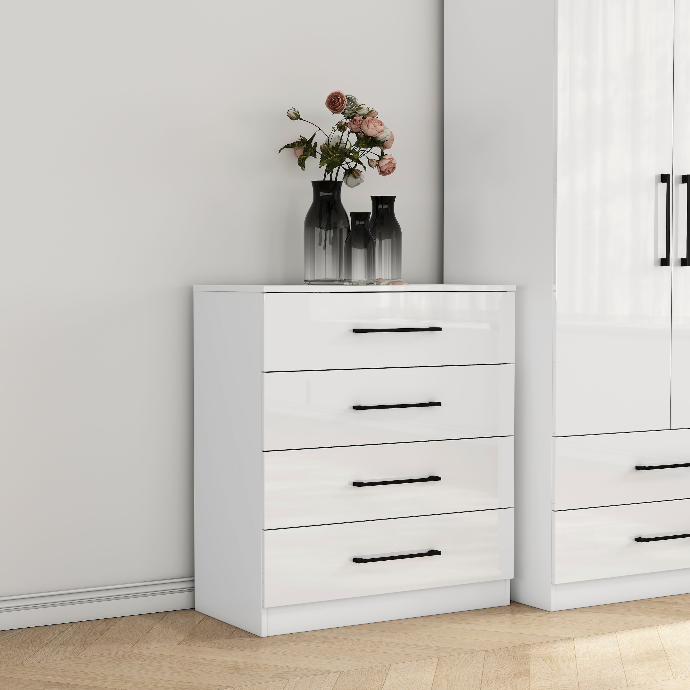 GOODproduct Schubkastenkommode »Sylt Schlafzimmerkommode Kommode Wäscheschrank Bestseller« Viel Stauraum im Schlafzimmer mit hochglänzenden Fronten, 1 Stk. tlg. Beistellschrank mit 4 Schubladen