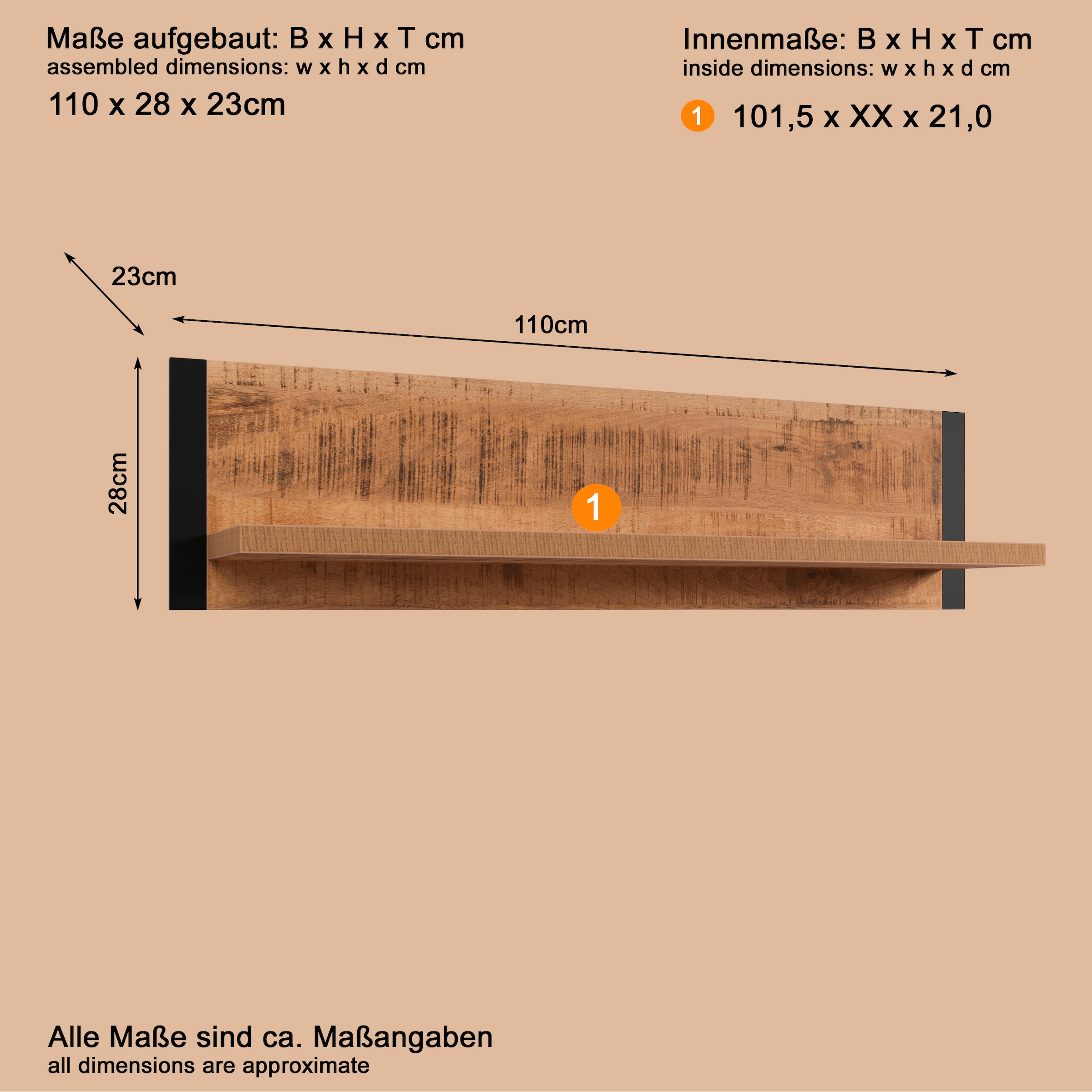 Home affaire Wandregal »Elda« 1 Stk. tlg. Wandboard für Dein Wohnzimmer oder Flur – (B/T/H) 110/23/28 cm