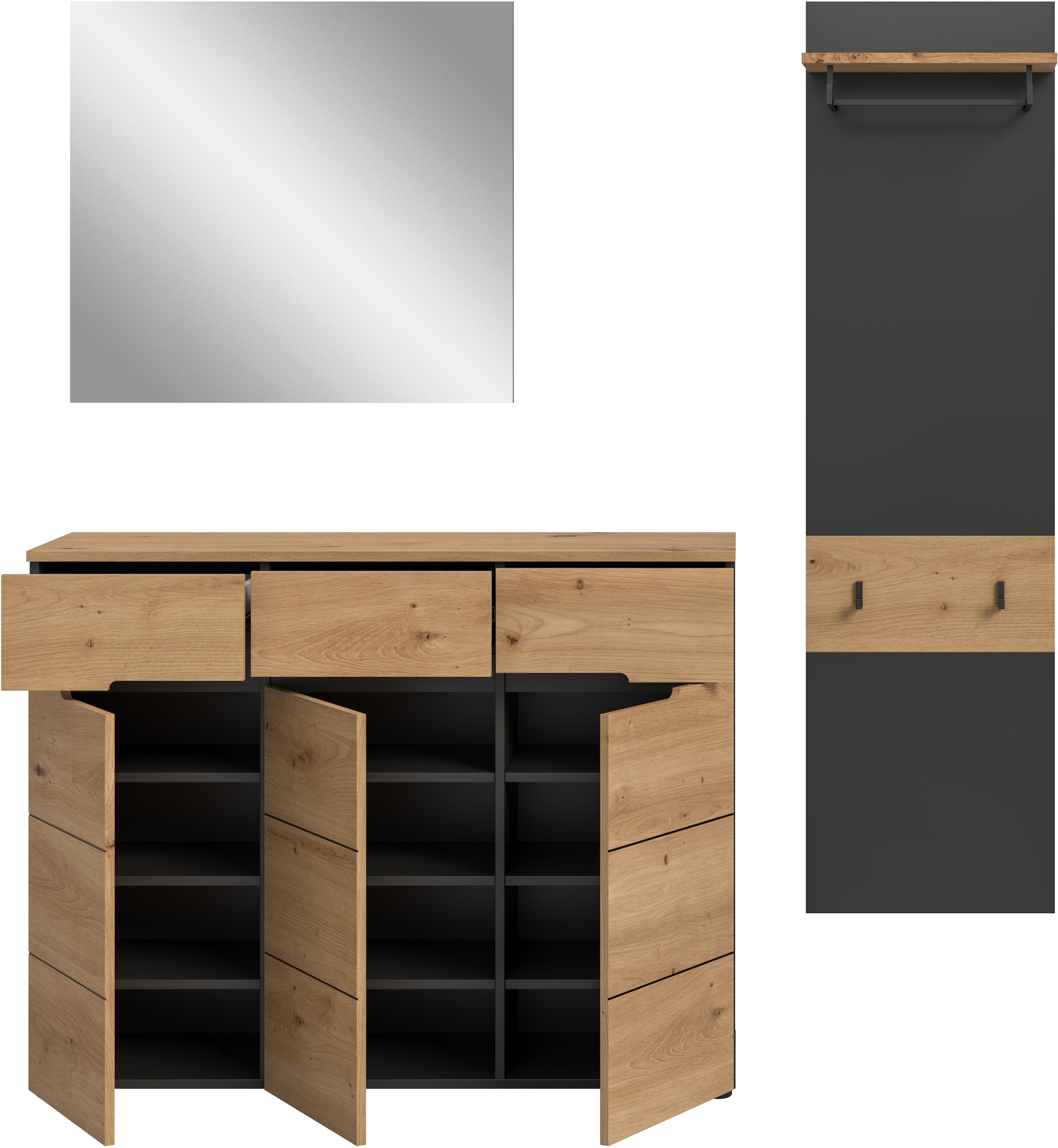 Home affaire Garderoben-Set »REHAT, TOPSELLER!, 3-teilig, Breite 180 cm, individuell erweiterbar« Set, bestehend aus: Kommode, Spiegel und Garderobenpaneel, 3 Stk. tlg.