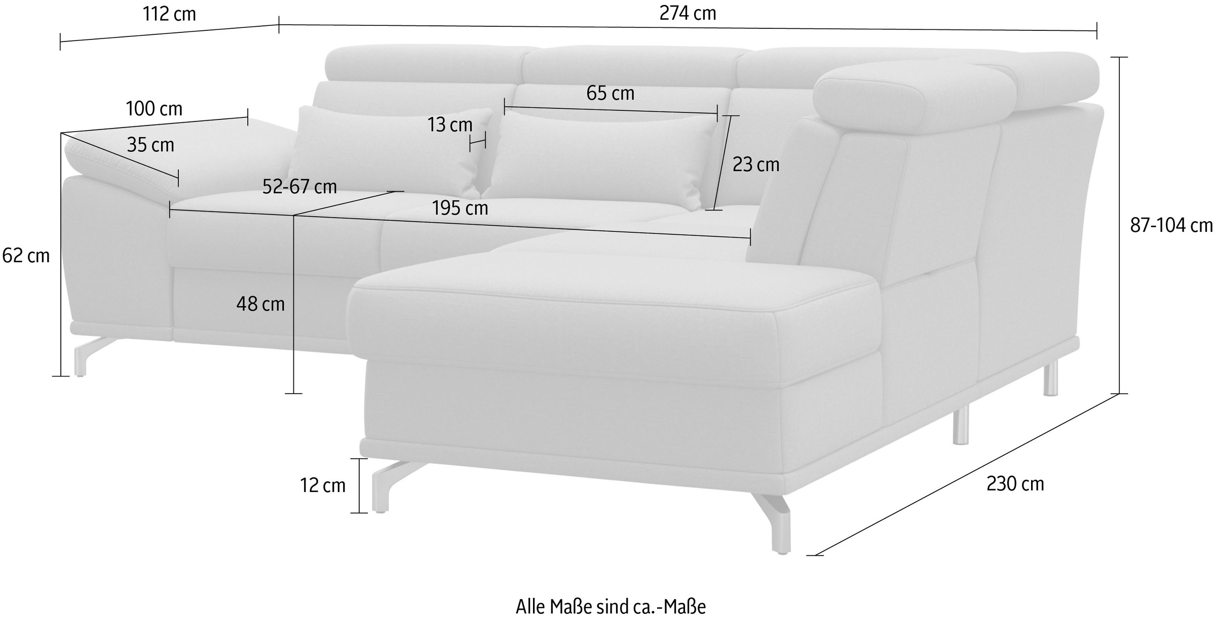 sit&more Ecksofa »Cabrio L-Form, B: 274 cm, mit Sitztiefen-, Arm- & Kopfteilverstellung« 3 Nierenkissen, Federkern, optional Bettfunktion und Stauraum
