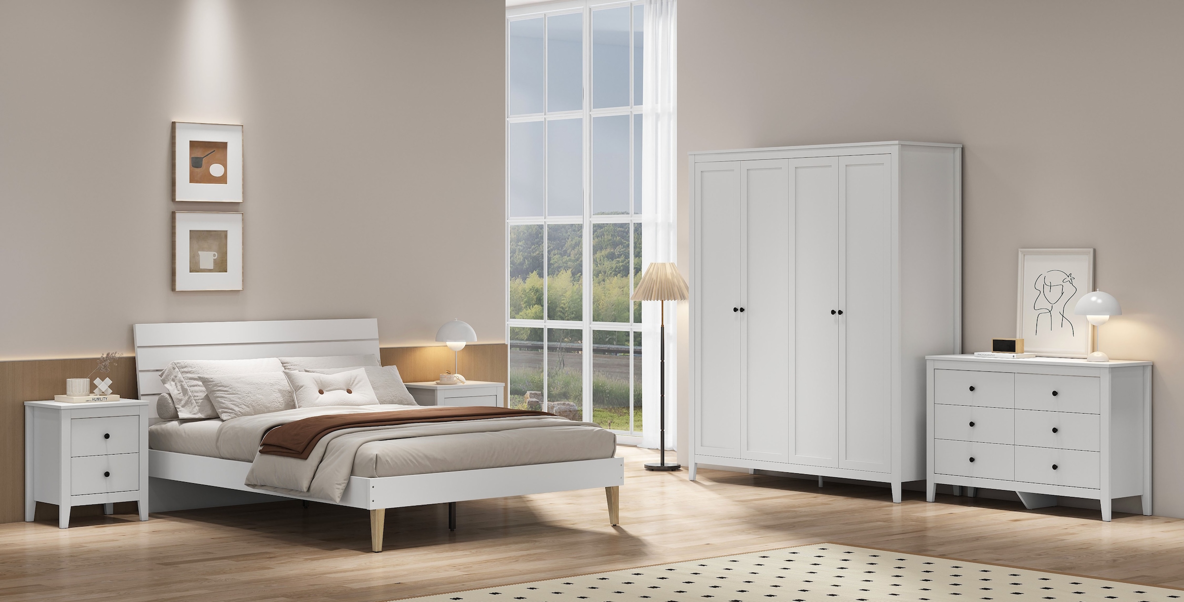 GOODproduct Kleiderschrank »Borkum Sideboard Anrichte mit 6 Schubladen Landhaus weiss« schwarze Griffe aus Metall,  Schlafzimmerschrank mit 6 Böden und Kleiderstange, 5 Türen