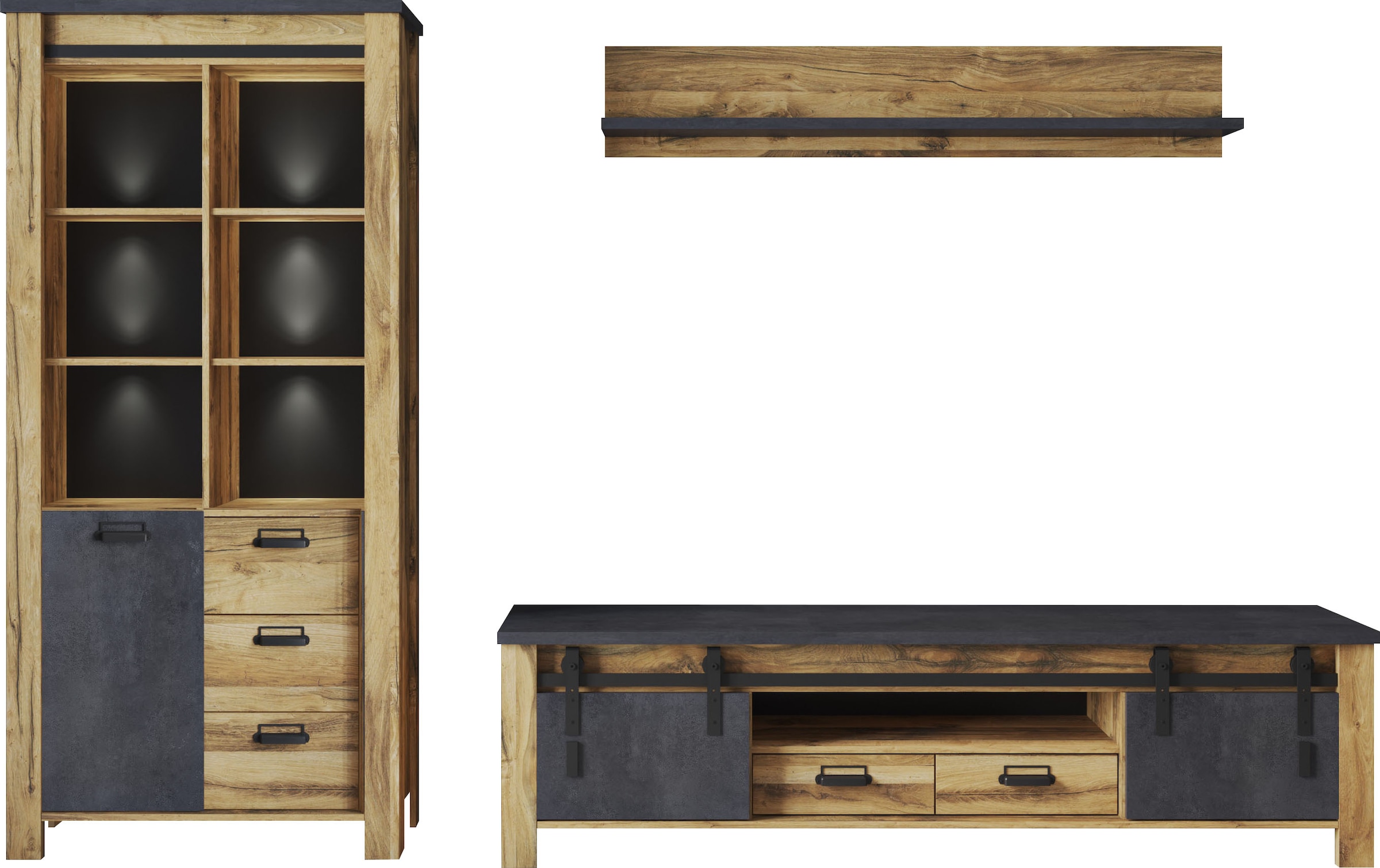 Home affaire Meuble mural »York, moderne Anbauwand, Wohnzimmer-Set in Hunton Oak, 201 cm breit« Komplett-Set, 3 cuis tlg.