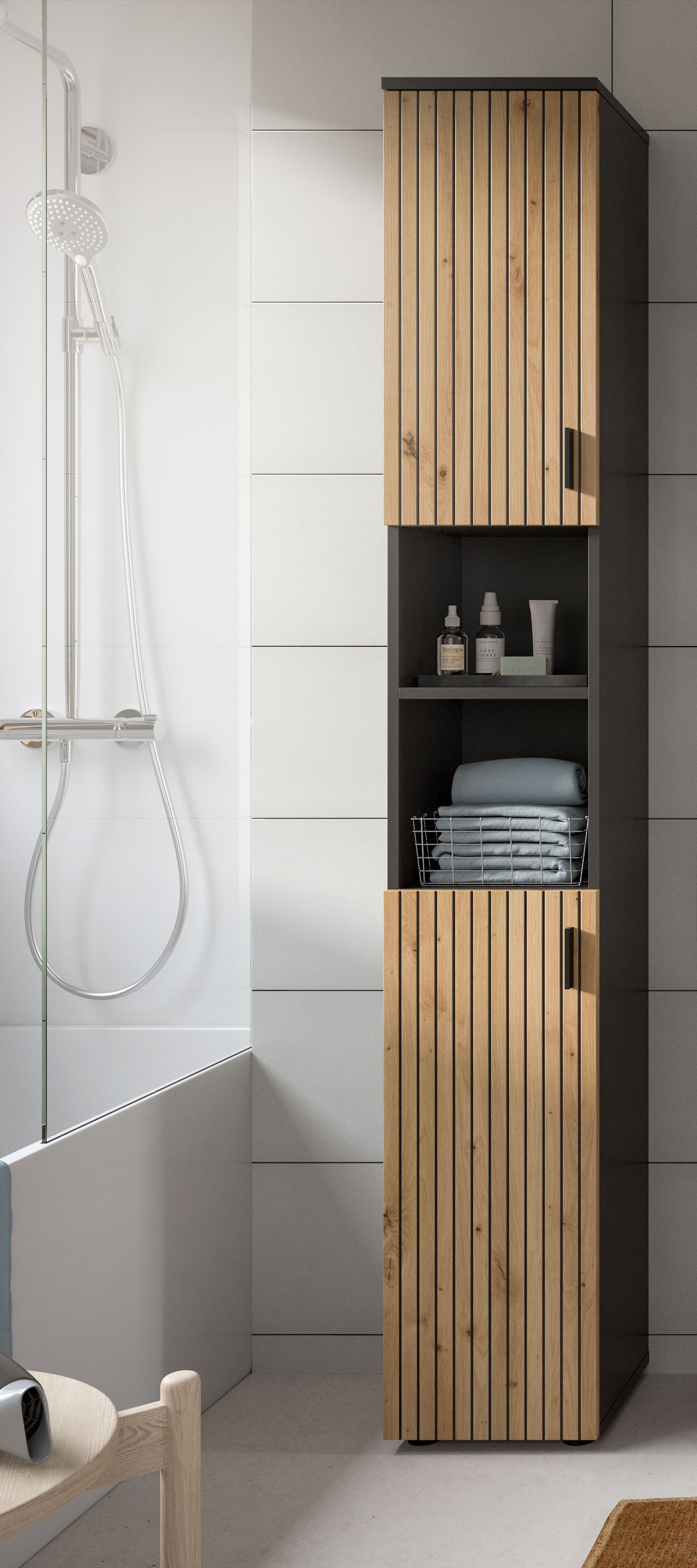 welltime Armoire haute »MANI, Höhe: 192 cm, Paneeloptik, 2 offene Fächer, 2 Türen« 1 cuis tlg. Armoire haute, armoire de salle de bain, salle de bain