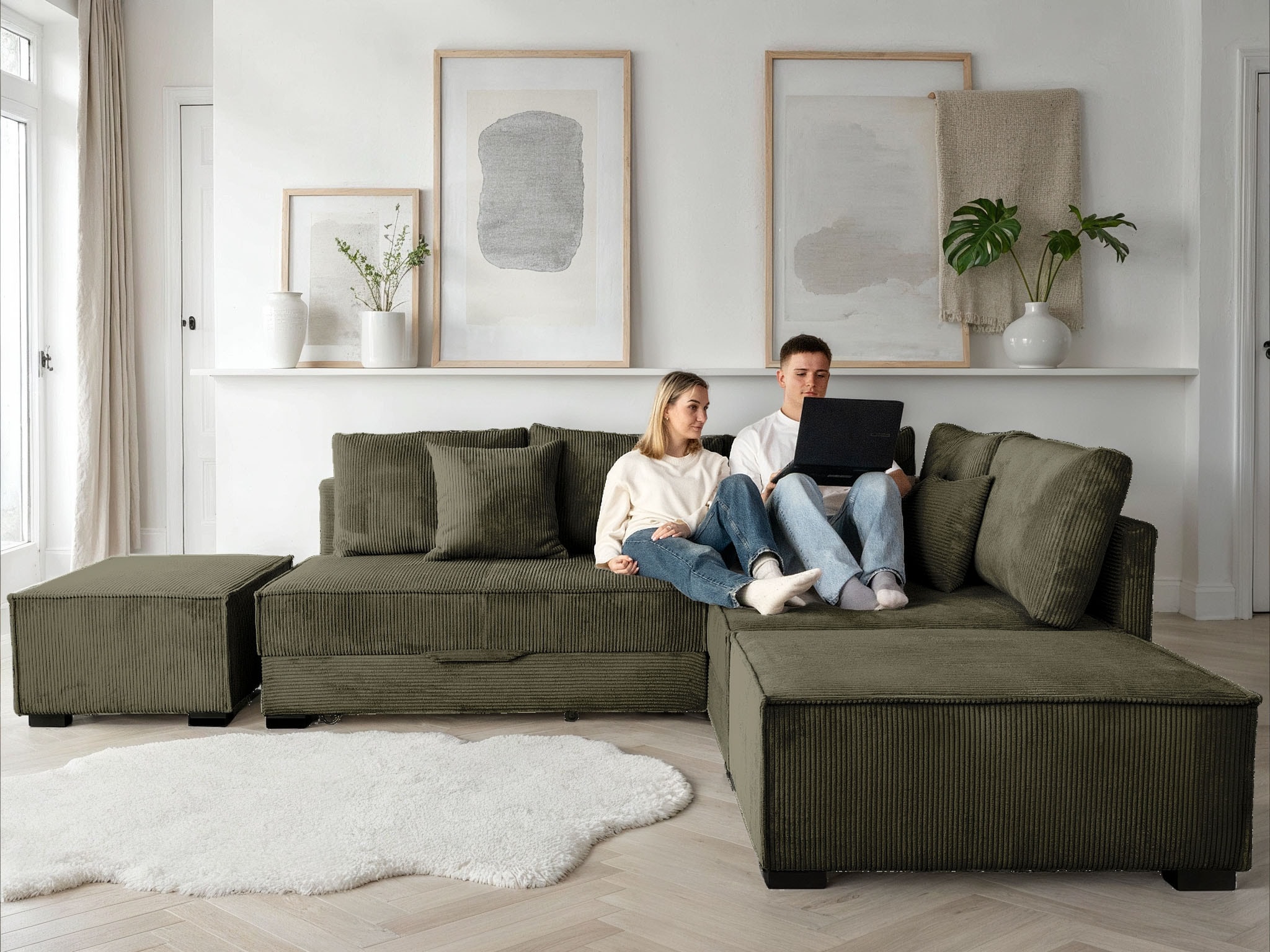 Home affaire »Night & Day L-Form, B: 316 cm mit Dauer-Schlaffunktion 180x200 cm« ensemble : canapé & tabouret, fonction lit, coffre de rangement & coussins, lit boxspring