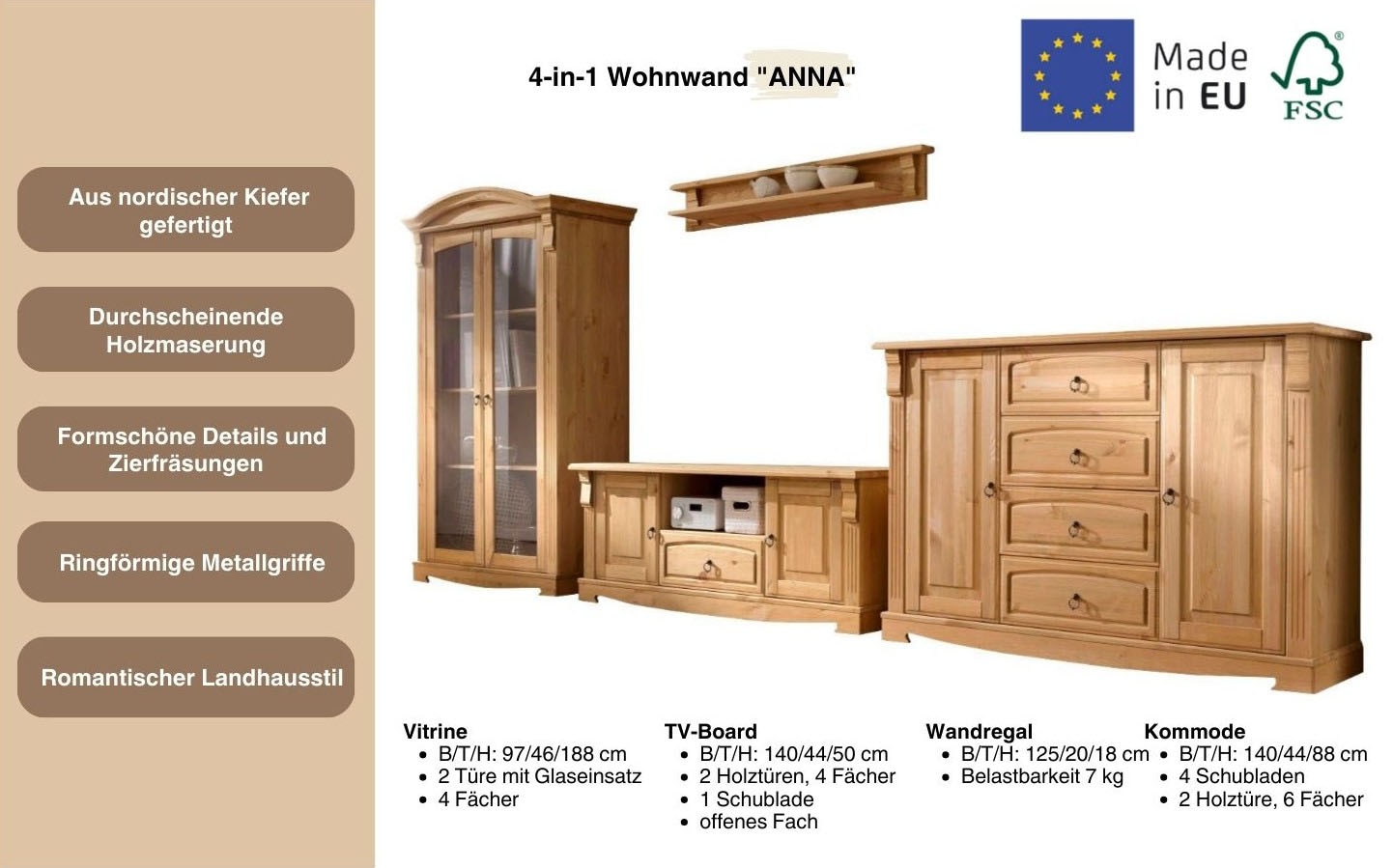 GOODproduct Meuble mural »Anna, Wohnzimmerset im Lanhausstil« Ensemble, 4 cuis tlg.