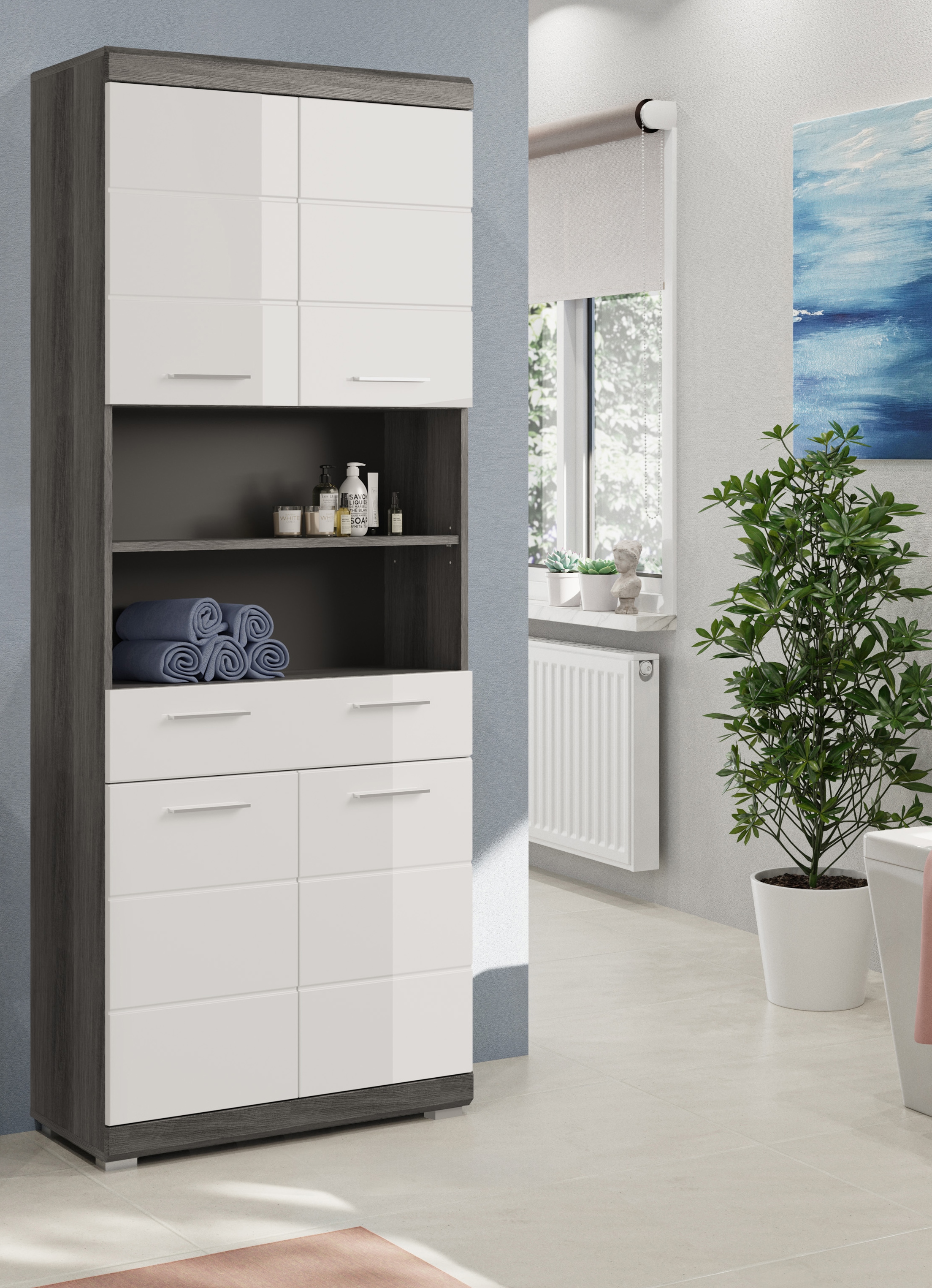 welltime Armoire haute »SIENA, Breite 74cm, 4 Türen, 1 Schubkasten, 2 offene Fächer, MDF-Front« TOPSELLER!,  in verschiedenen Farben erhältlich, Badmöbel, Badschrank, Schrank, Bad