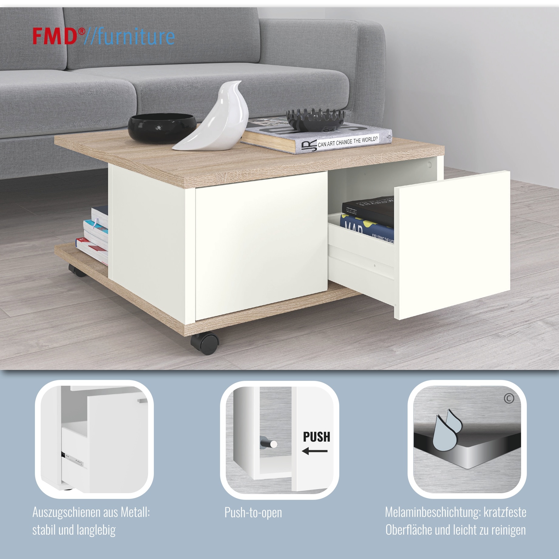 FMD Couchtisch »Twin« Schubladen als Push-to-open, viel Staur. , mit Rollen, Breite: 70 cm
