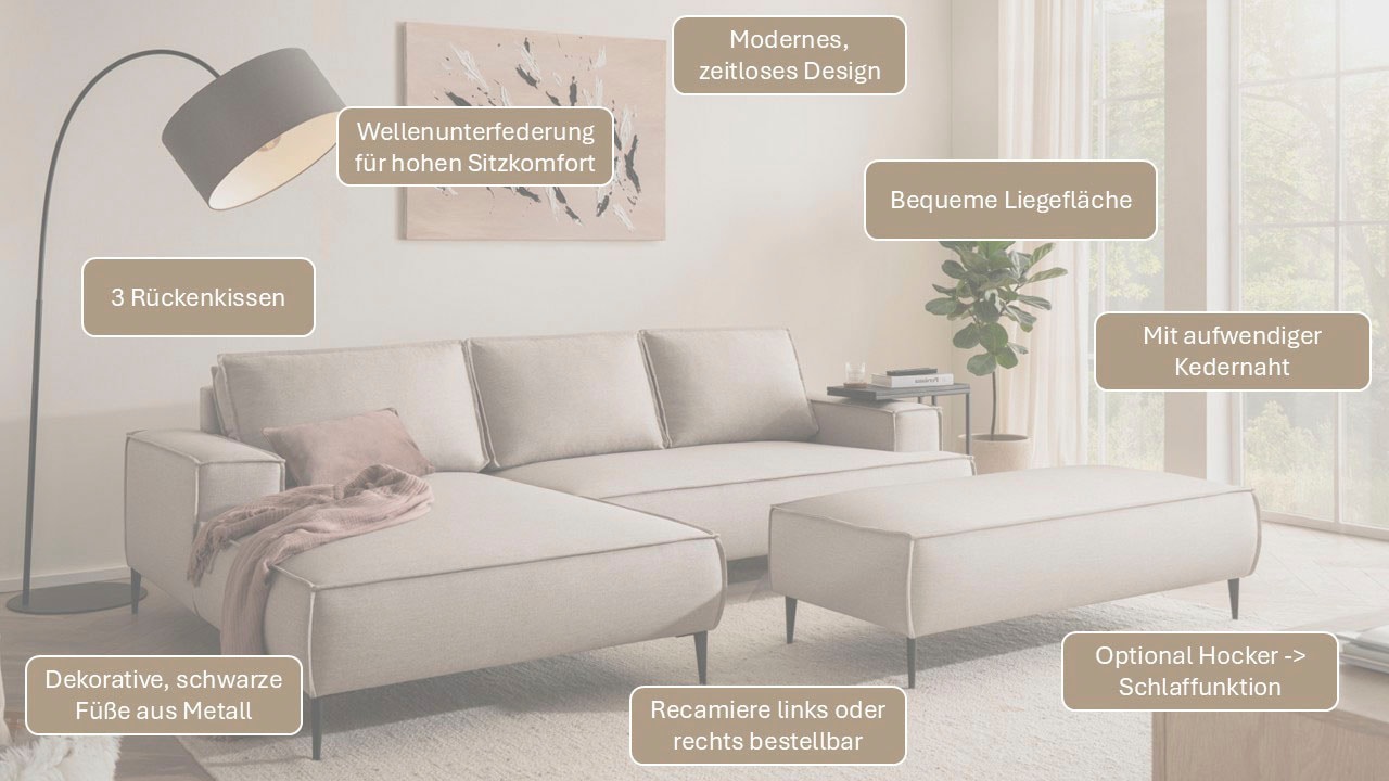 GOODproduct Canapé d'angle »TVINNU Leinenoptik, L-Form, Breite 275 cm« au choix méridienne droite/gauche, pieds noirs, confort d'assise agréable