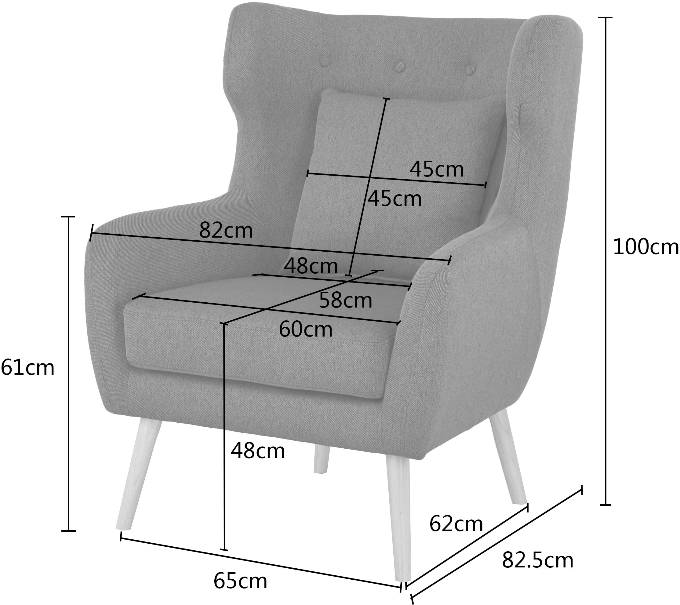 Home affaire Ohrensessel »Yamuna« mit Sitzpolsterung, Gestell und Füsse aus Massivholz, Sitzhöhe 47 cm