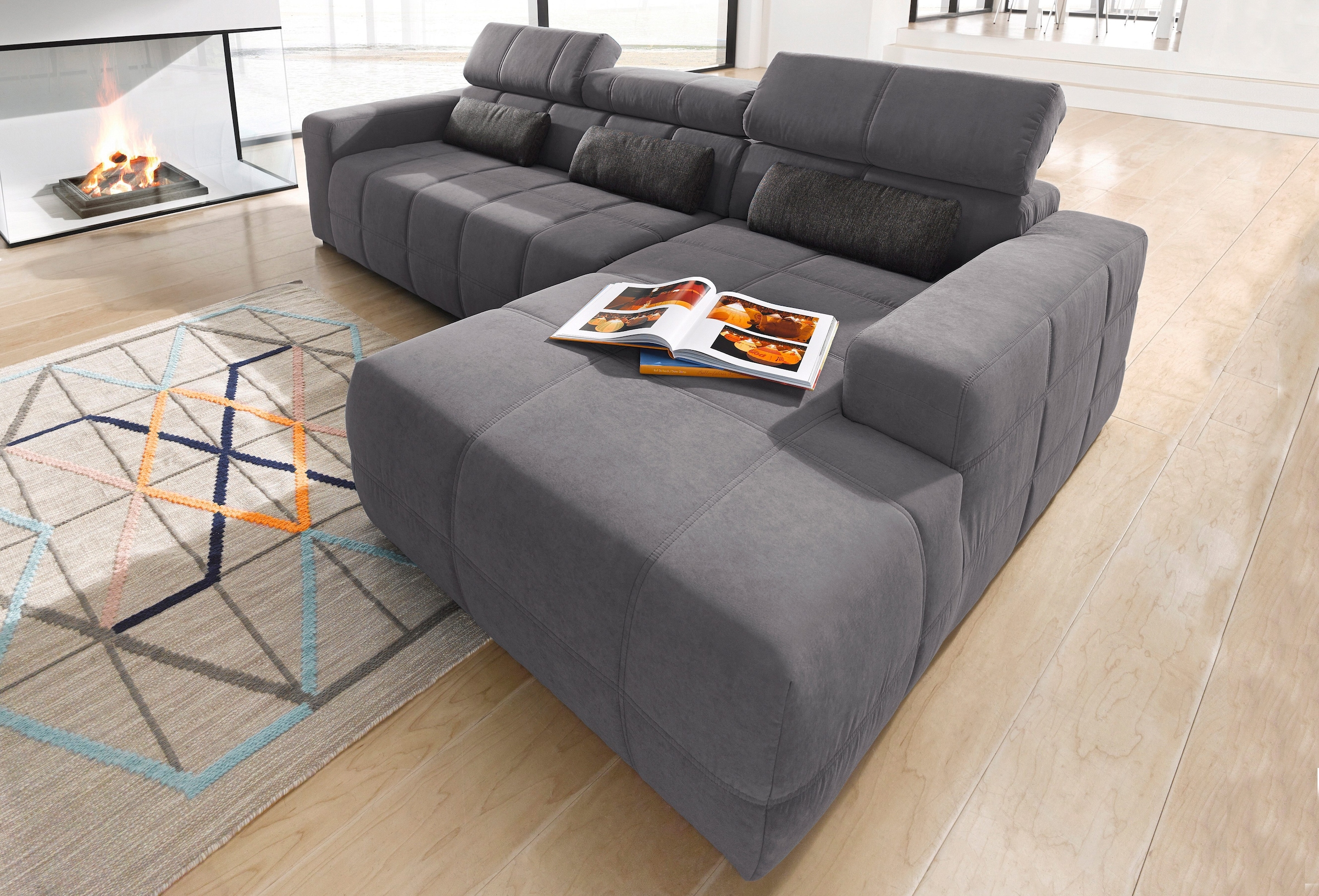 DOMO collection Ecksofa »Brandon  B/T: 289/177 cm, belastbar bis 140kg/ Sitz, L-Form« ohne Sitztiefenverstellung, Luxus-Microfaser, dunkelgrau